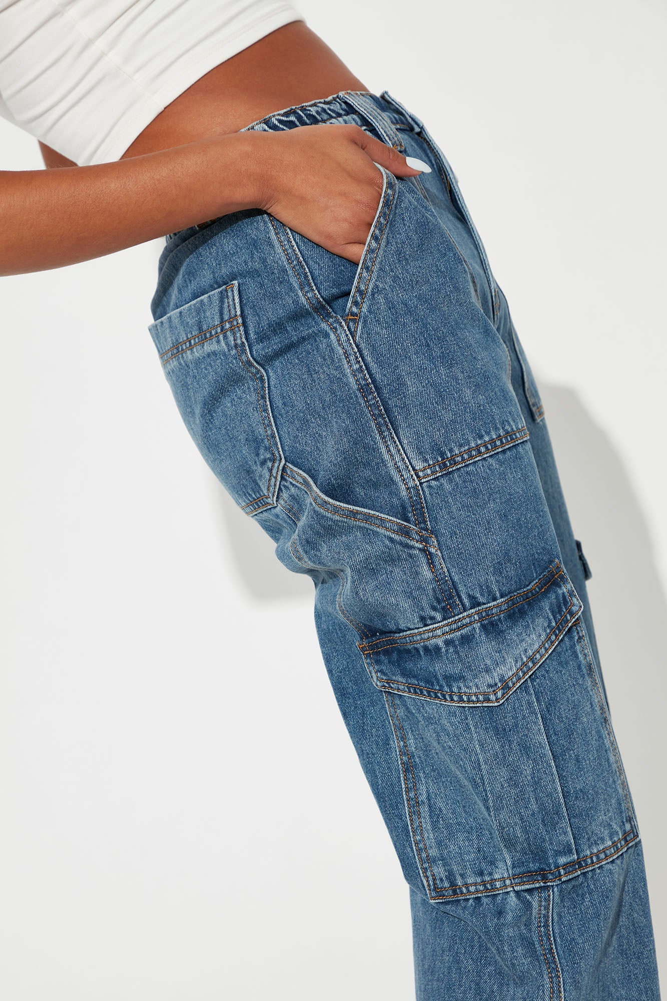 Tall Don't You Worry Wide Leg Cargo Jeans - Medium Blue Wash - Image 3