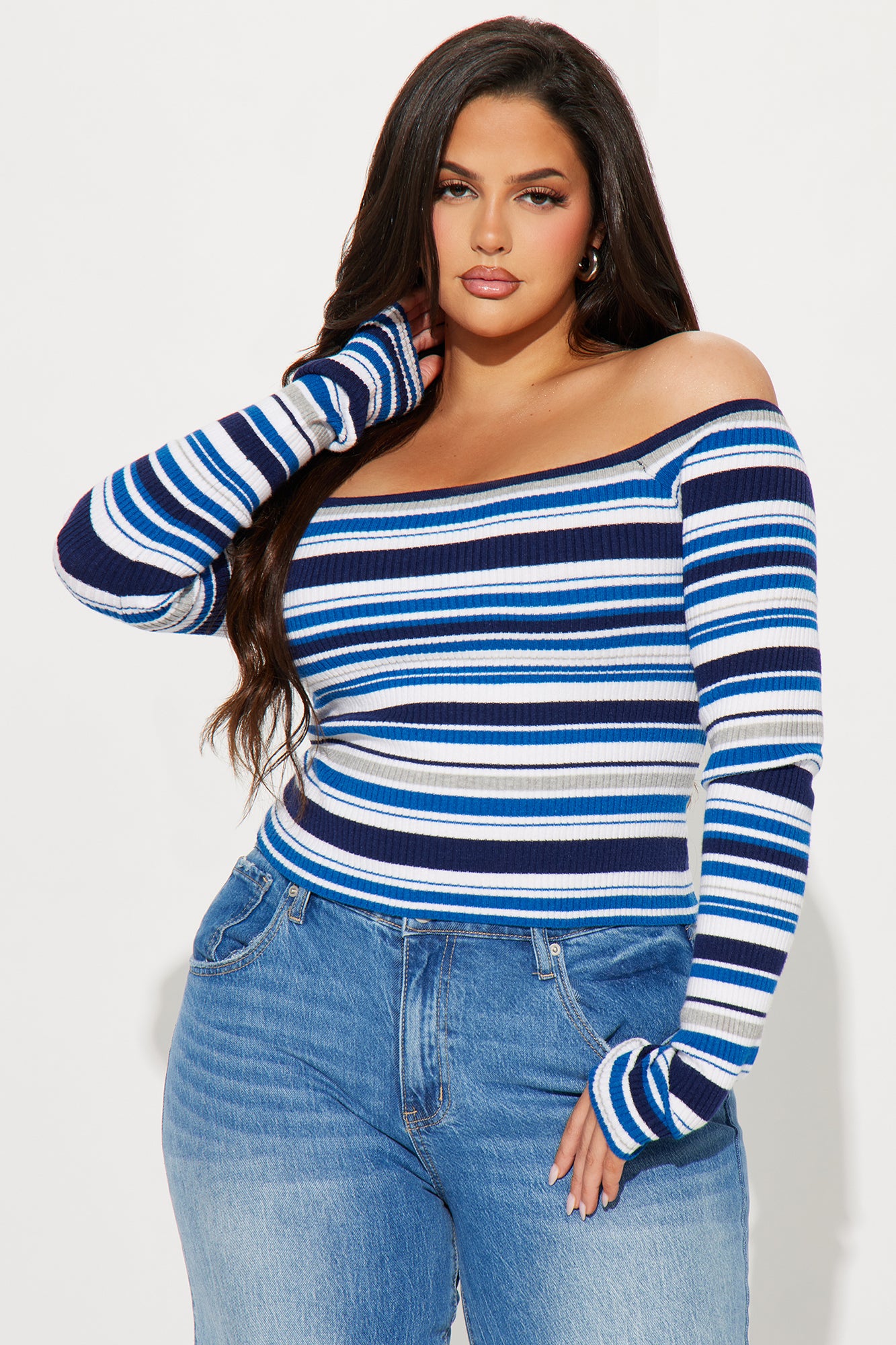 Madisyn Off Shoulder Striped Sweater - Navy/combo - Image 4