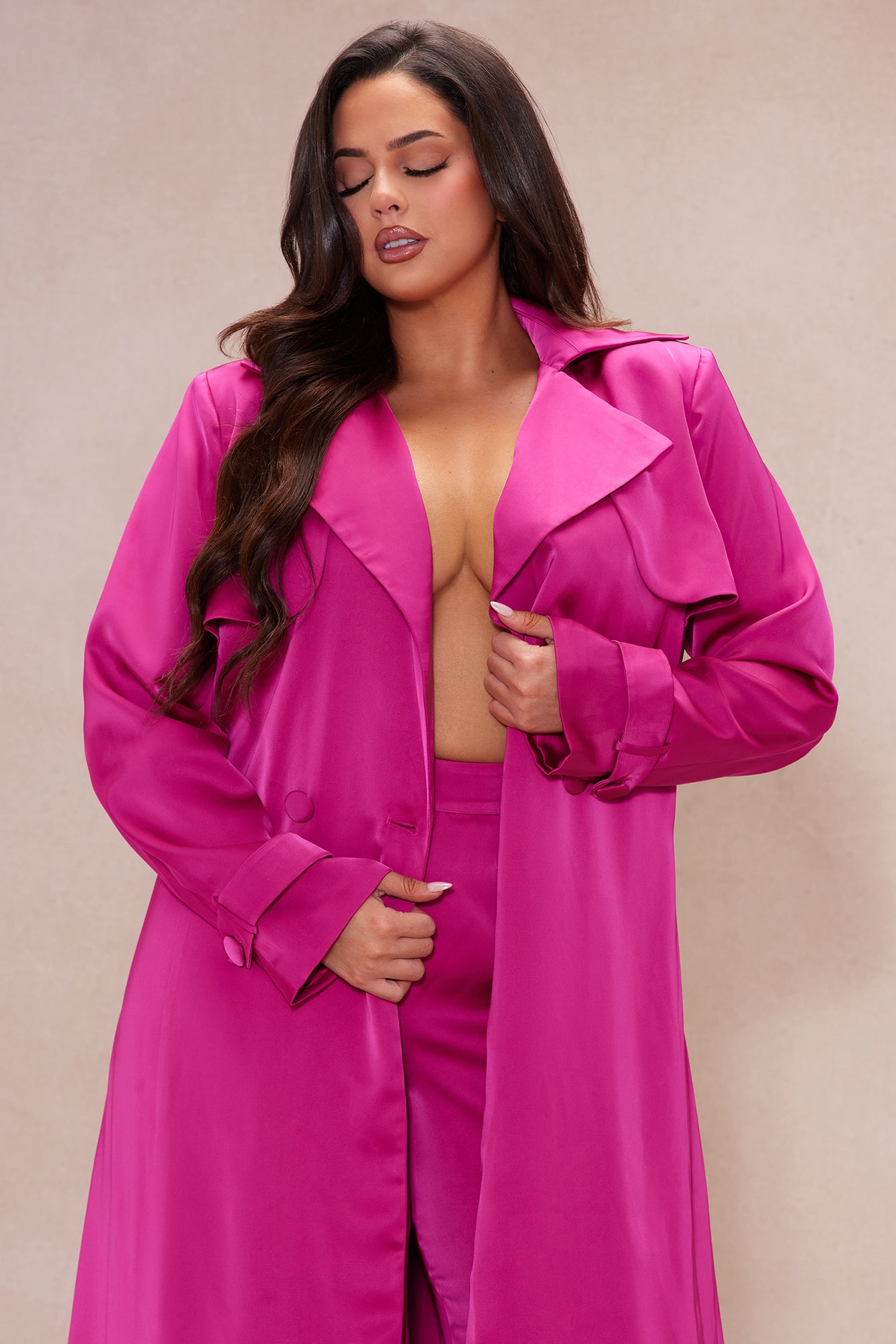 Gabriella Satin Trench Coat And Pant Set - Hot Pink - Image 7