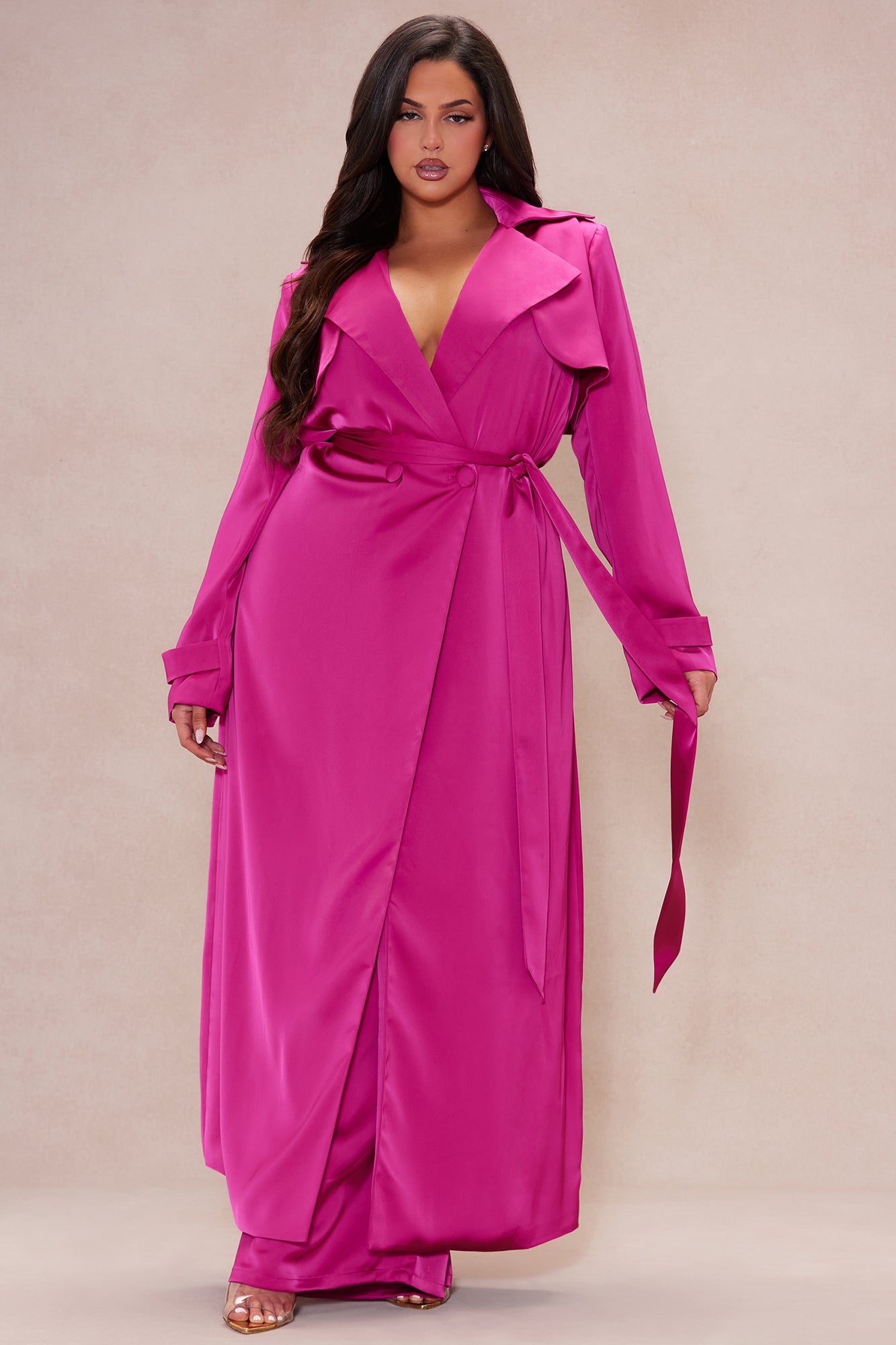 Gabriella Satin Trench Coat And Pant Set - Hot Pink - Image 6