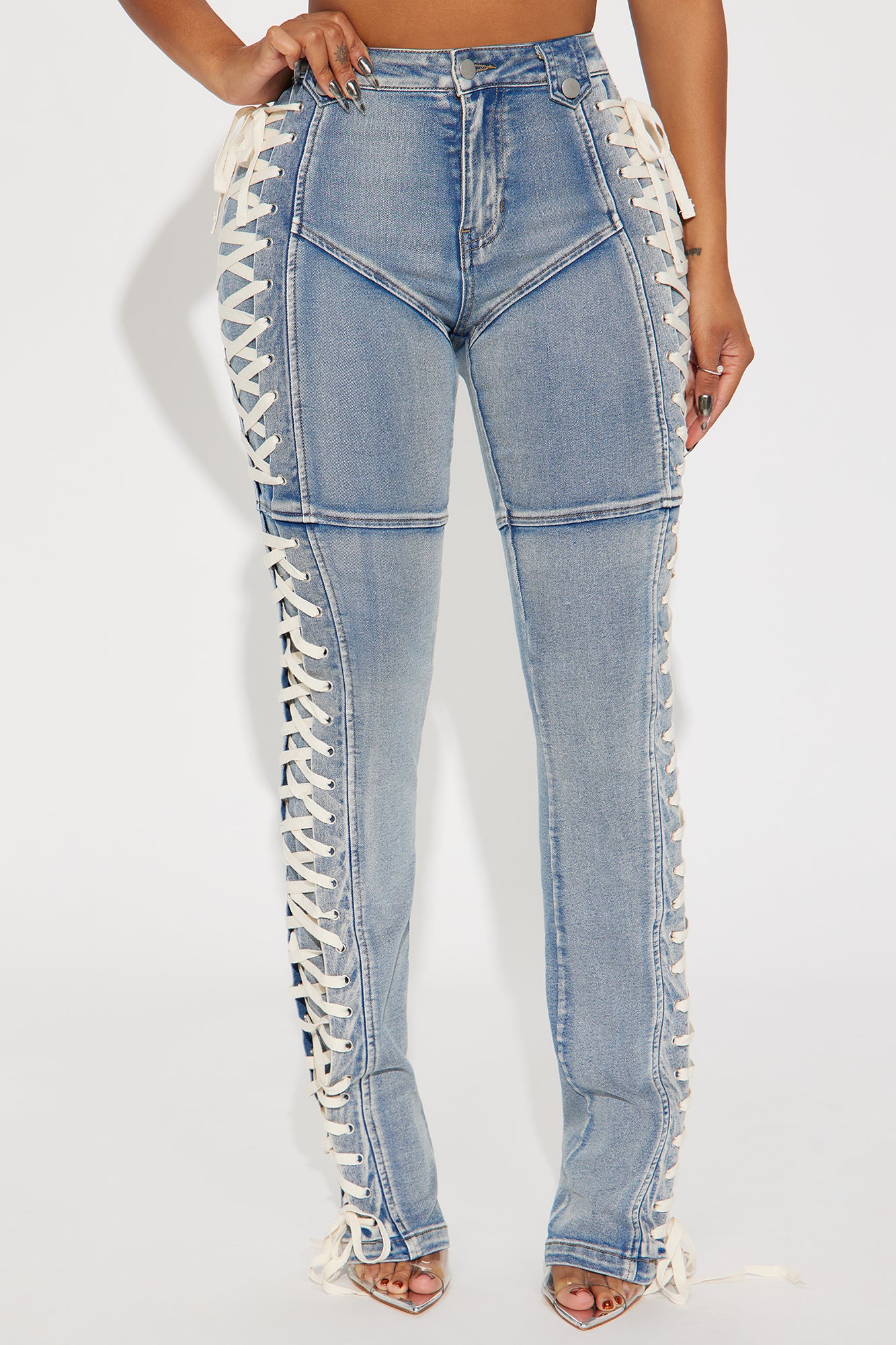 Jaw Dropper Stretch Lace Up Bootcut Jeans - Medium Wash - Image 7