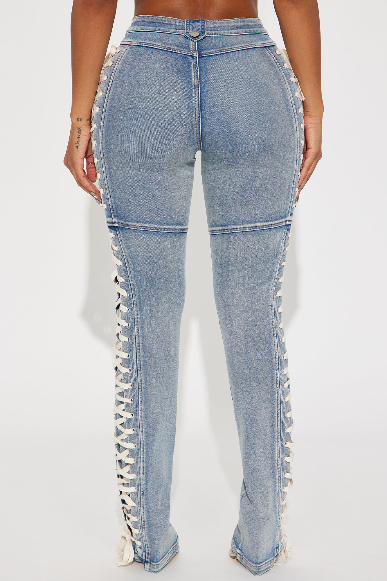 Jaw Dropper Stretch Lace Up Bootcut Jeans - Medium Wash - Image 9