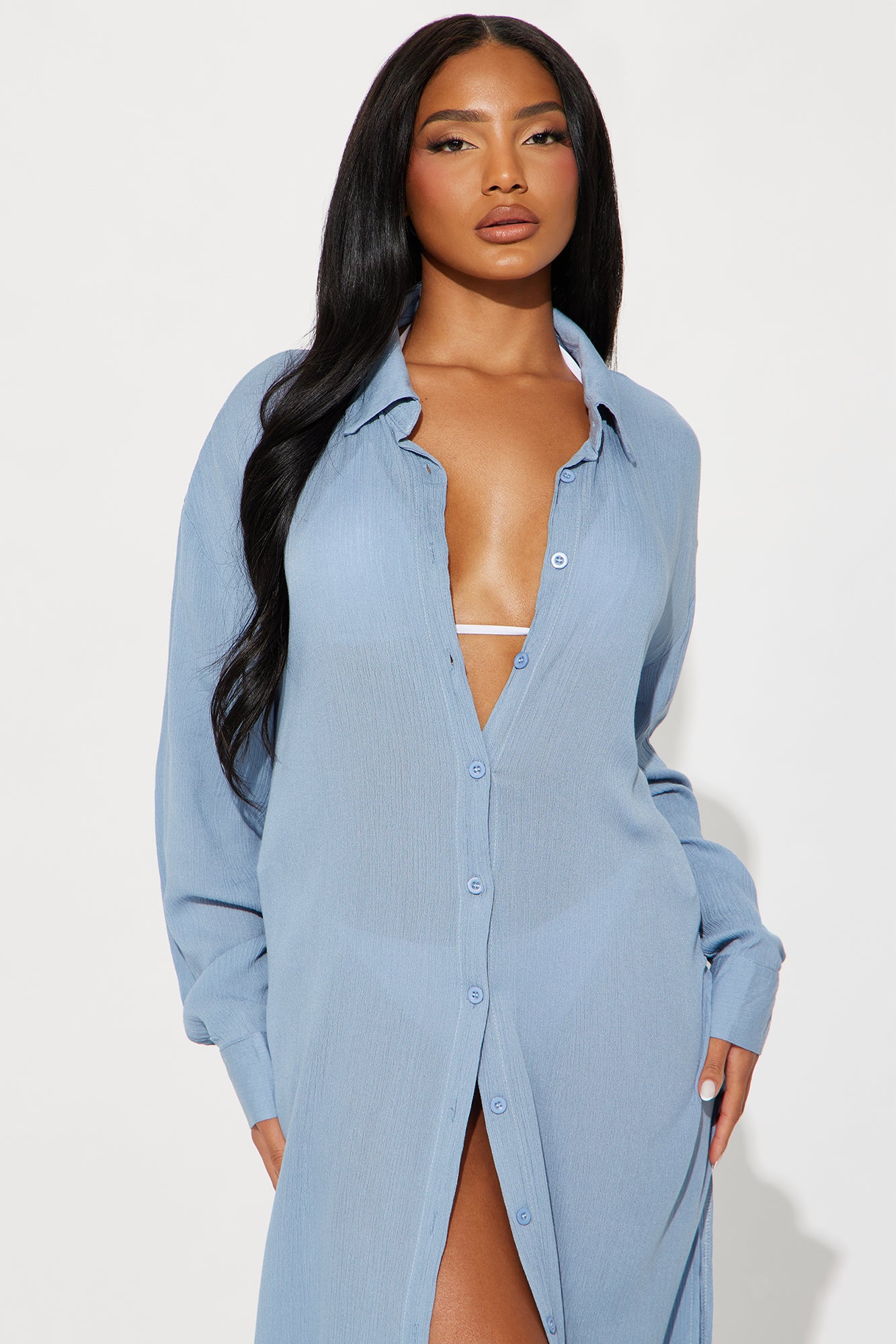 Breezy Nights Linen Swim Cover Up Kimono - Blue - Image 3