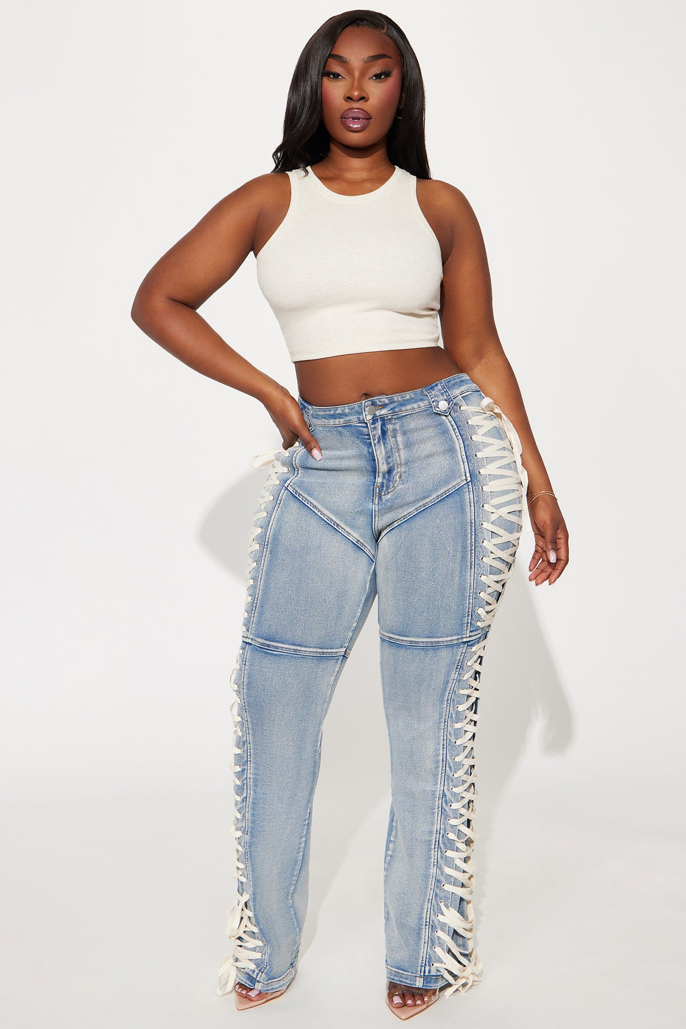 Jaw Dropper Stretch Lace Up Bootcut Jeans - Medium Wash - Image 10