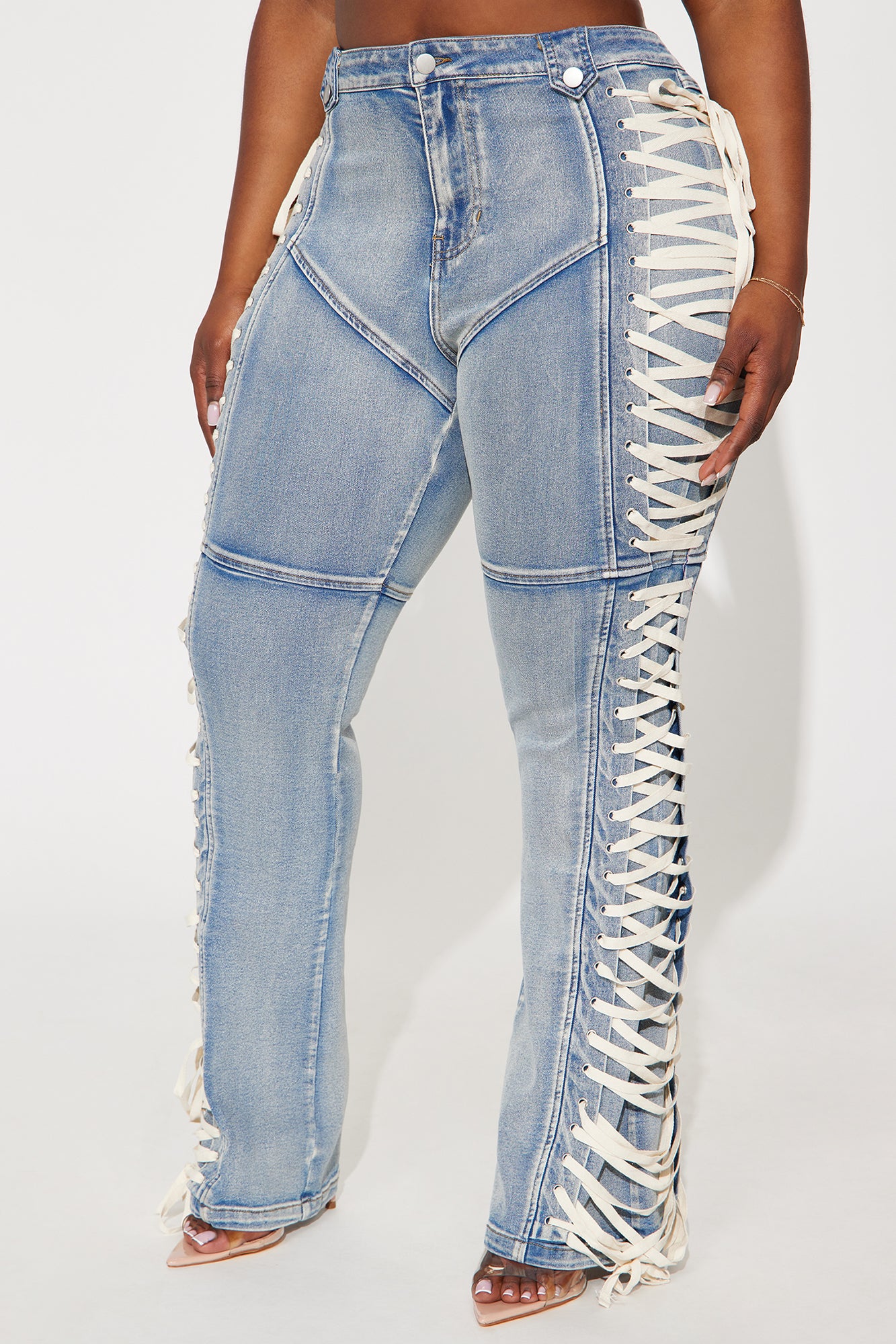 Jaw Dropper Stretch Lace Up Bootcut Jeans - Medium Wash - Image 11