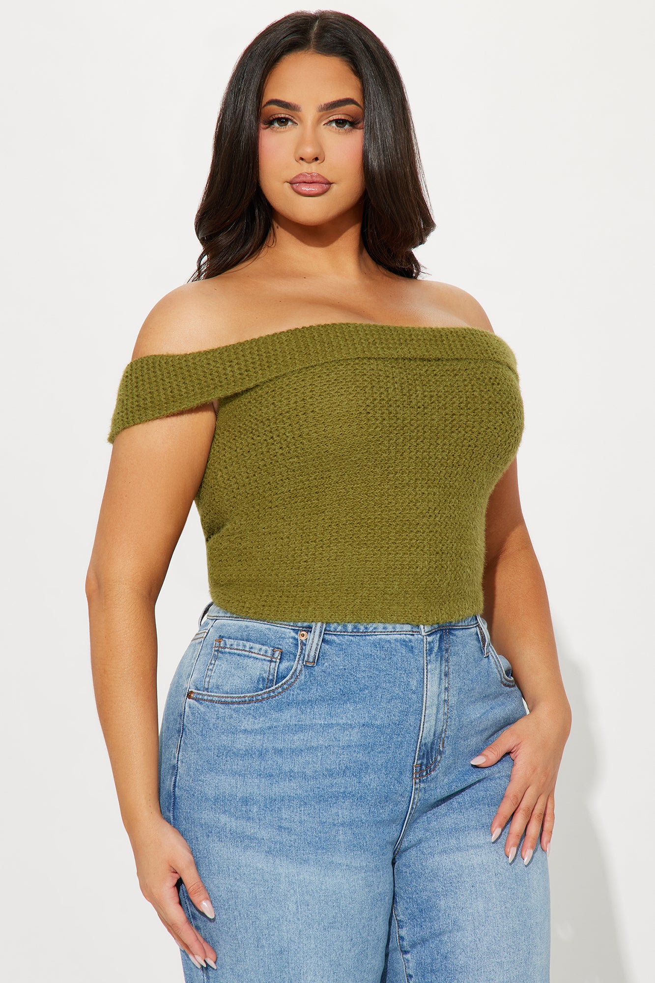In Too Deep Off Shoulder Sweater Top - Olive - Image 5