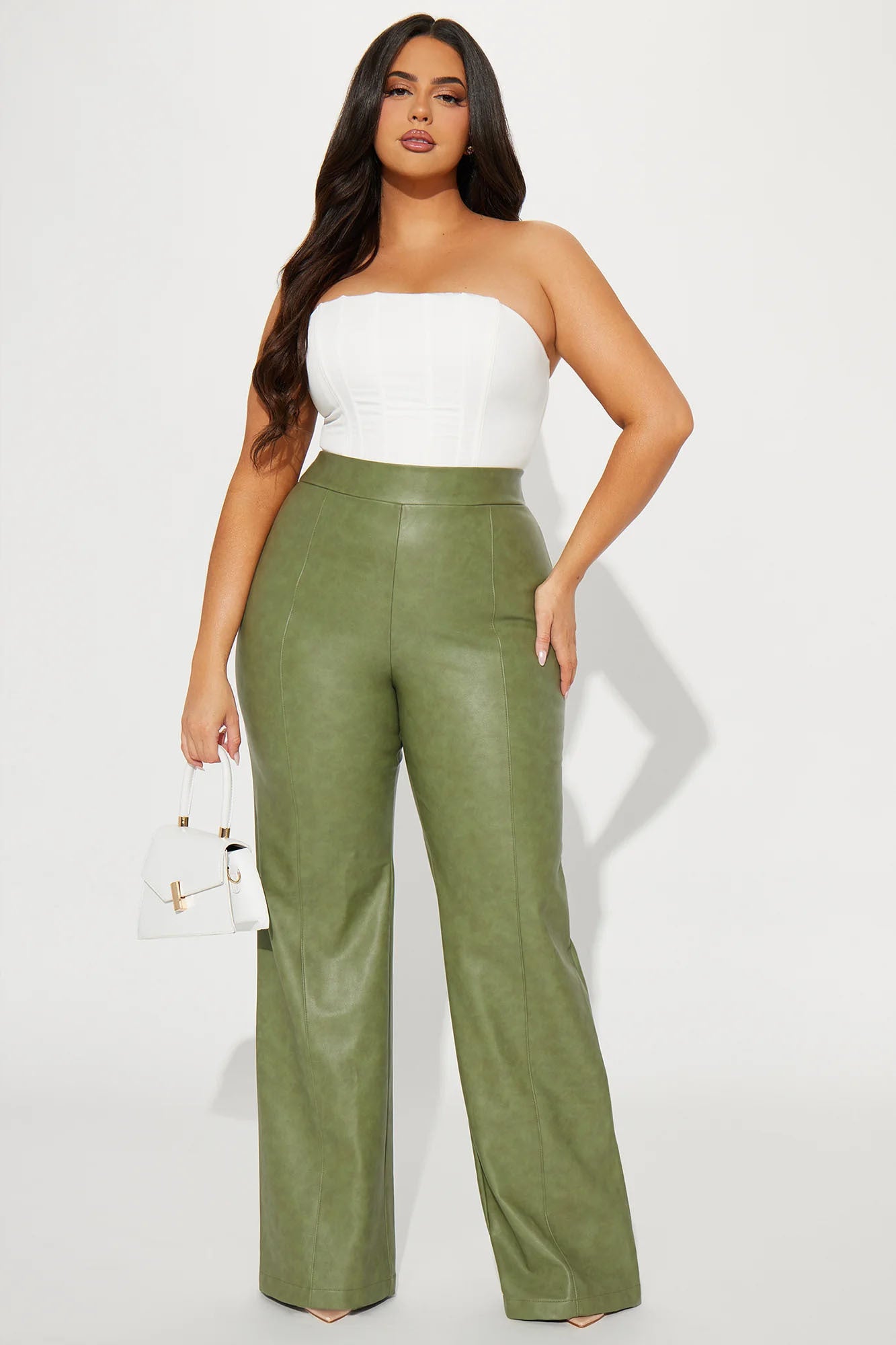 Victoria High Waisted Washed Faux Leather Dress Pants - Olive - Image 7