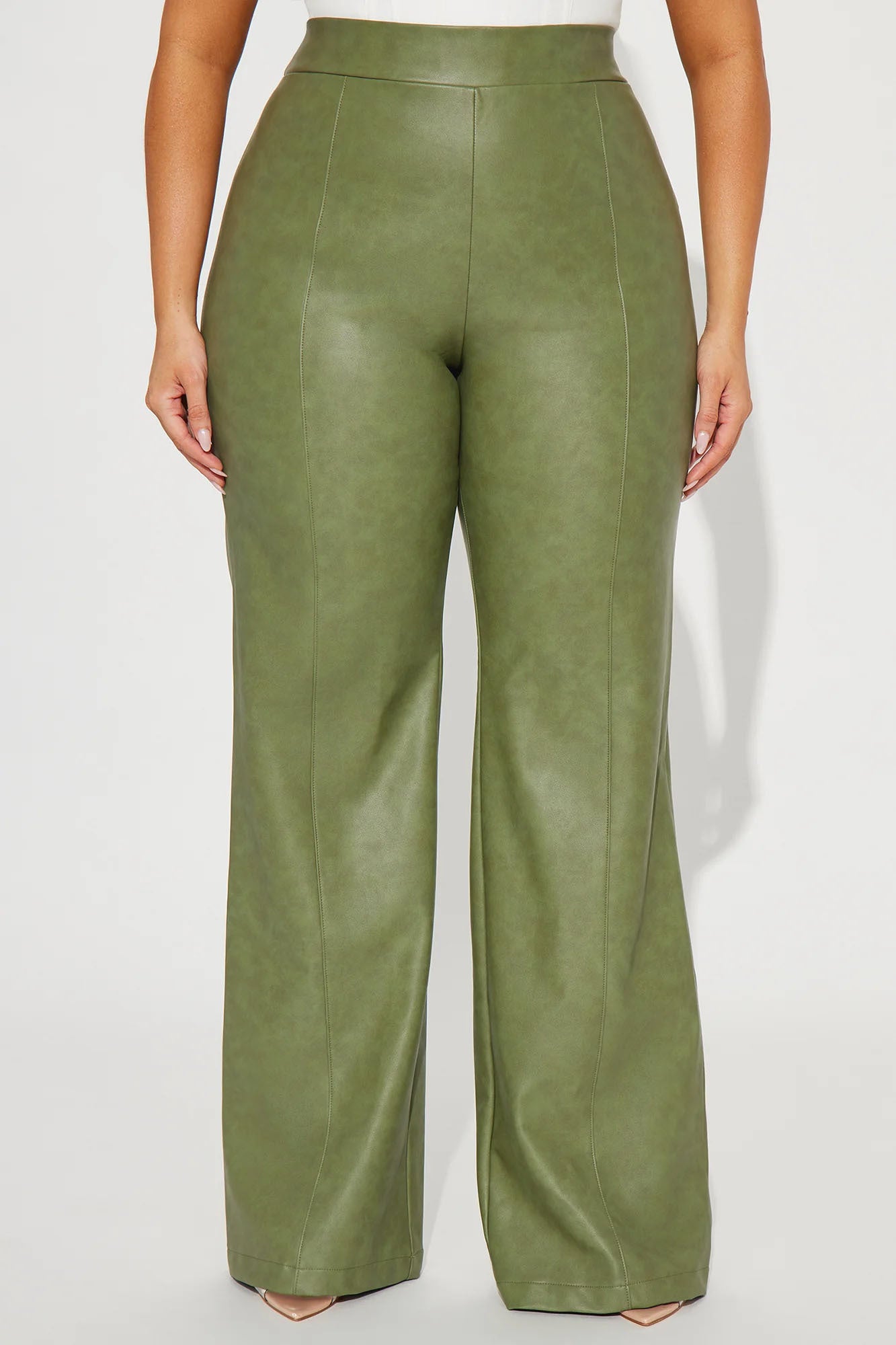 Victoria High Waisted Washed Faux Leather Dress Pants - Olive - Image 8