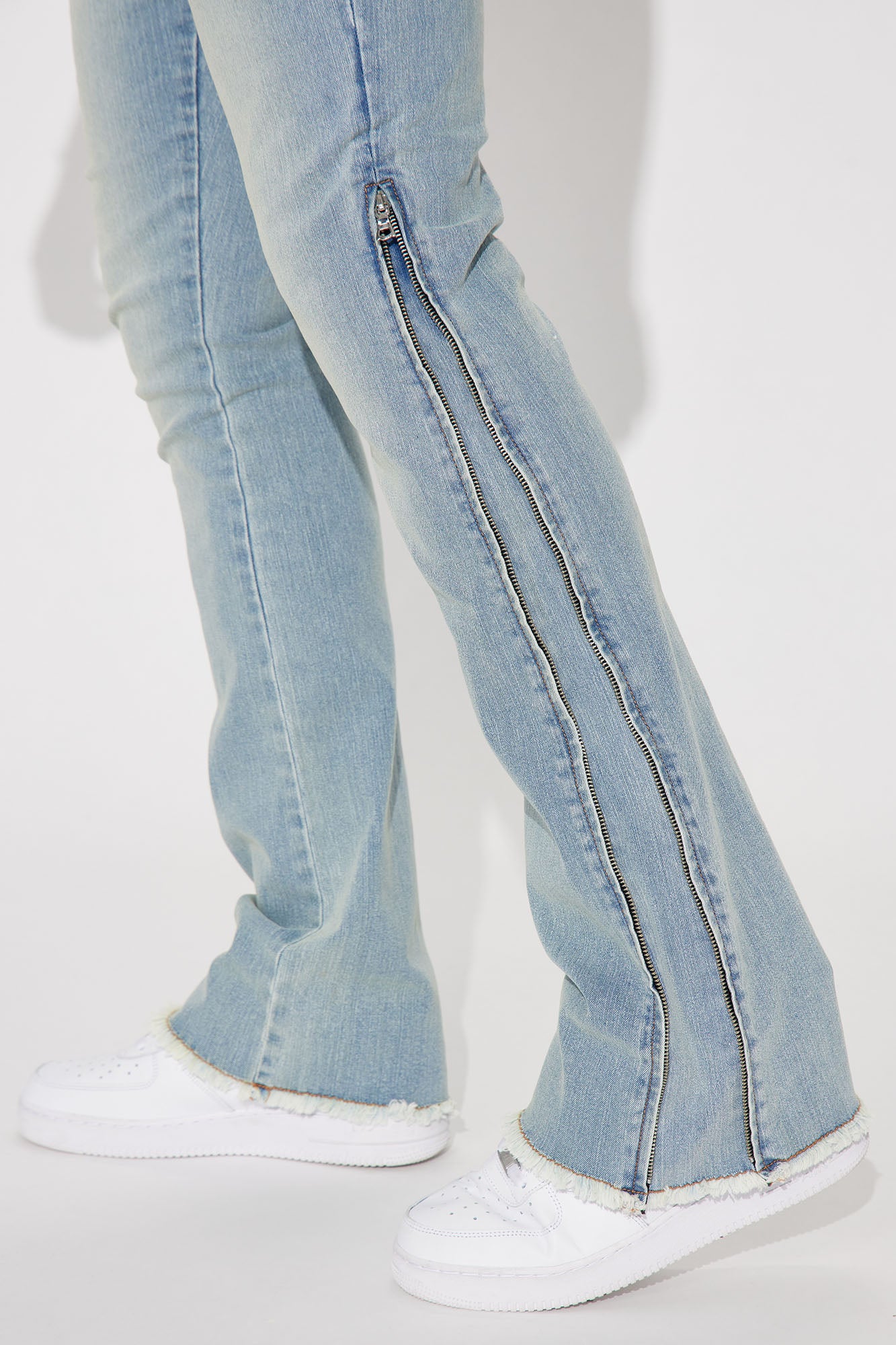 Along Side Zipper Stacked Skinny Flare Jeans - Light Blue Wash - Image 4