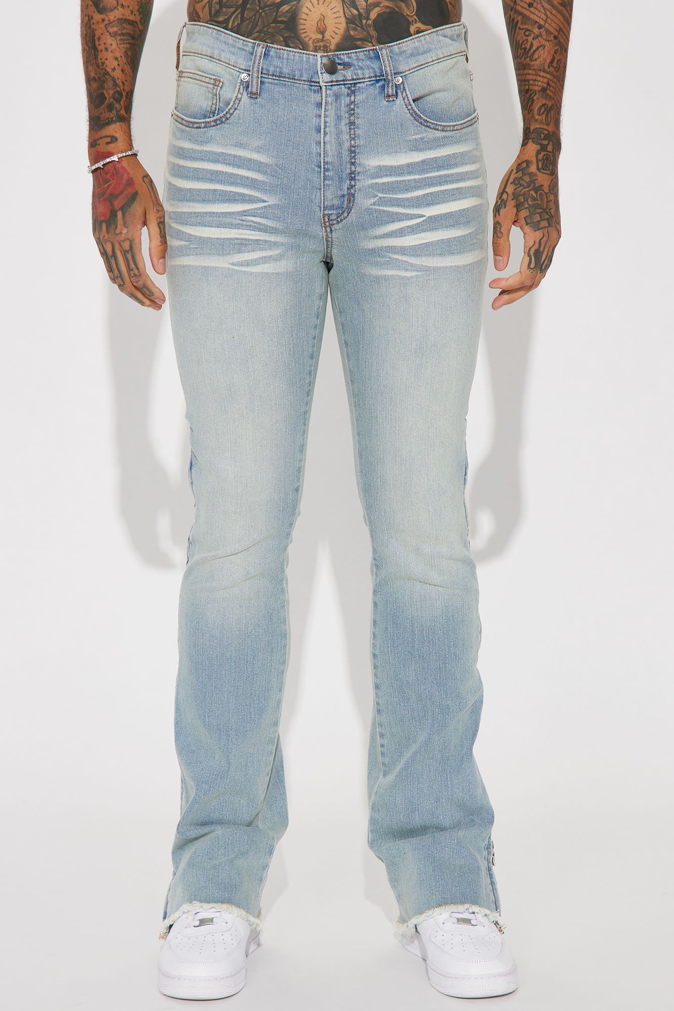 Along Side Zipper Stacked Skinny Flare Jeans - Light Blue Wash - Image 5