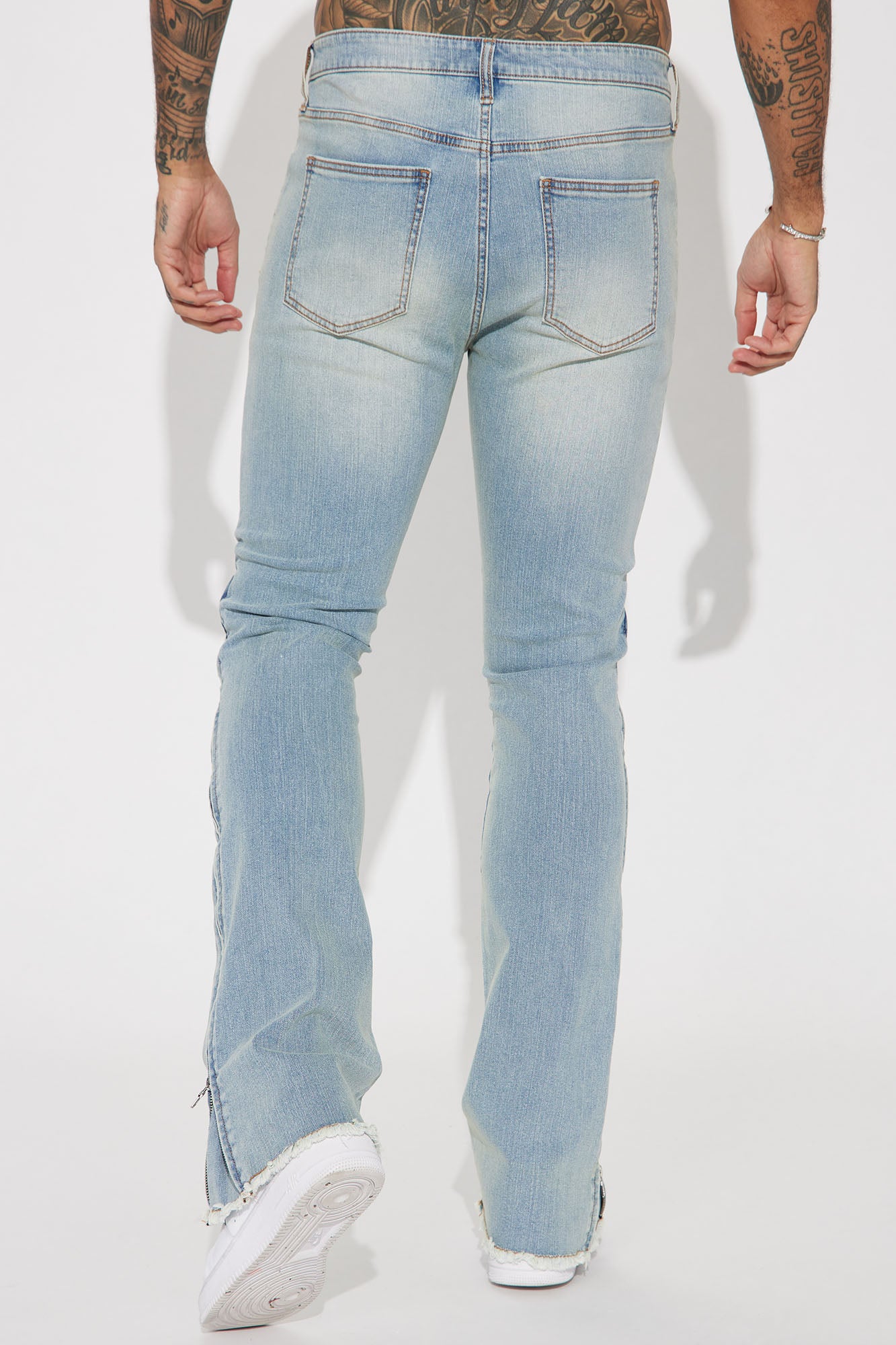 Along Side Zipper Stacked Skinny Flare Jeans - Light Blue Wash - Image 6