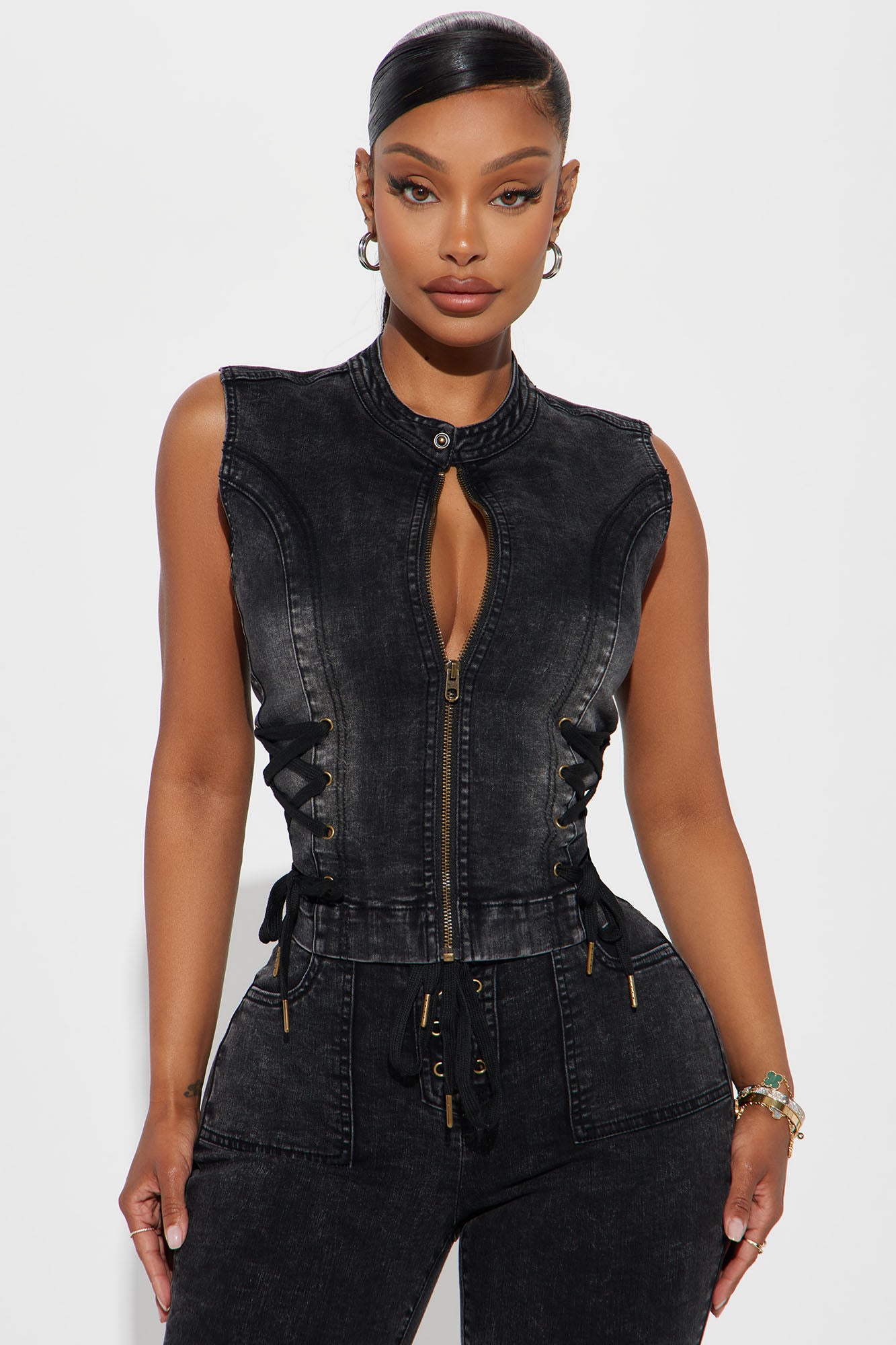 Leveled Up Lace Up Denim Vest - Black Wash - Image 5
