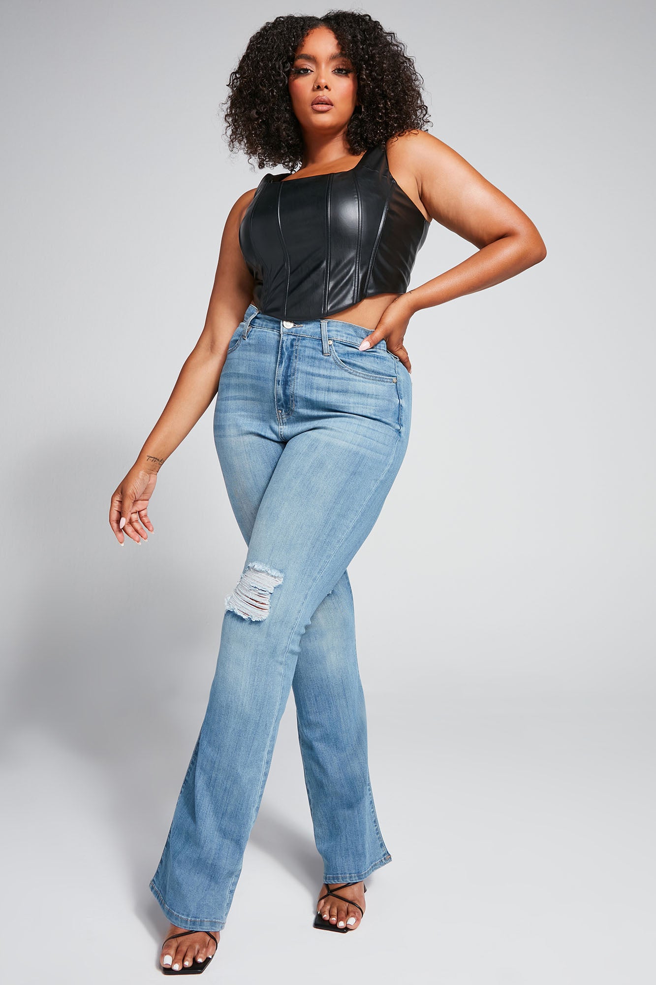 Tall Jessie Mid Rise Distressed Bootcut Jean - Light Blue Wash - Image 7