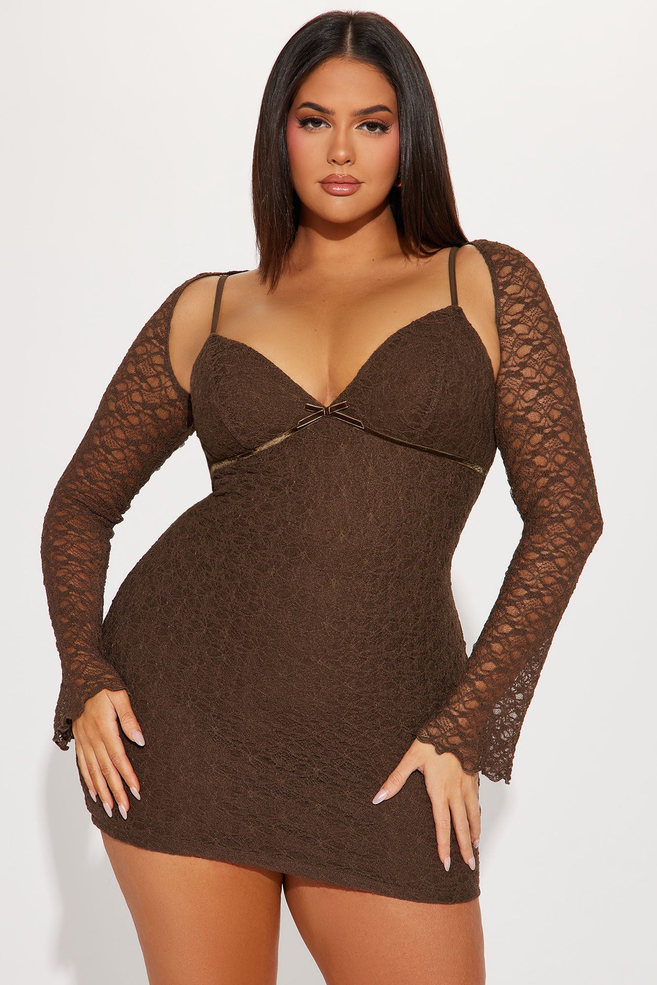 Lace Micro Mini and bolero dress set - Chocolate - Image 5