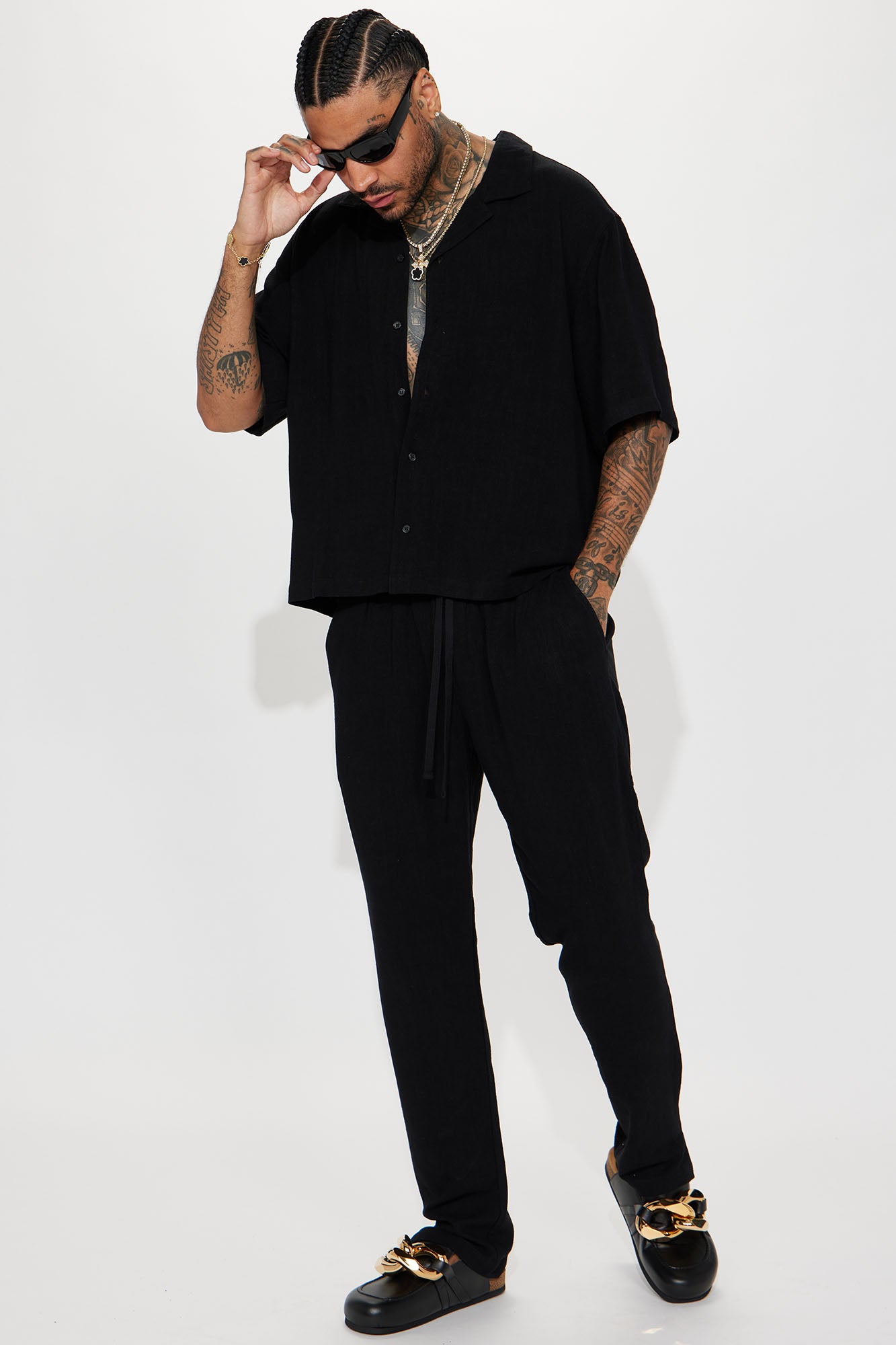Solid Textured Linen Button Up Shirt - Black - Image 3