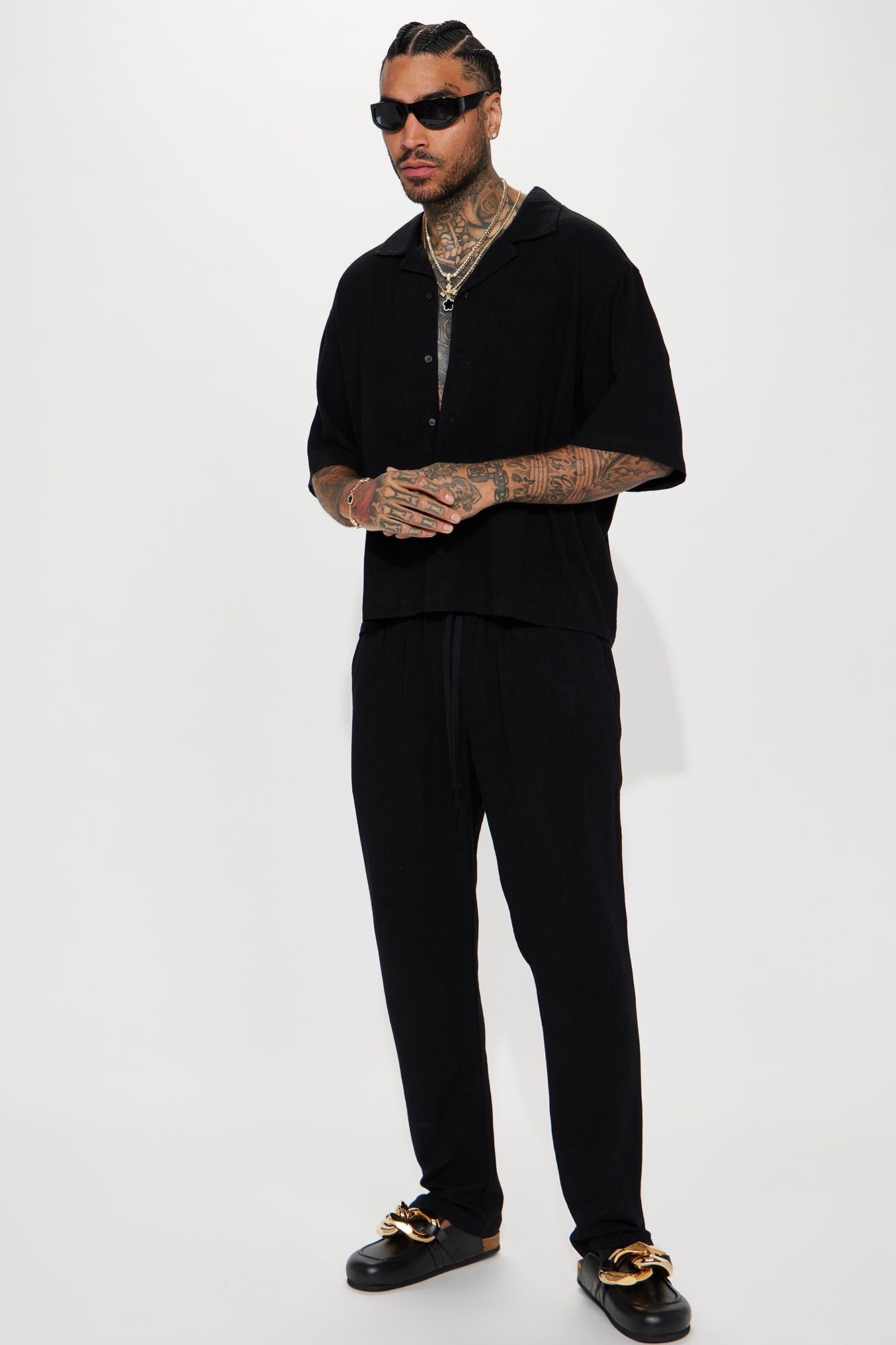 Solid Textured Linen Pull On Side Slit Pants- Black - Image 3