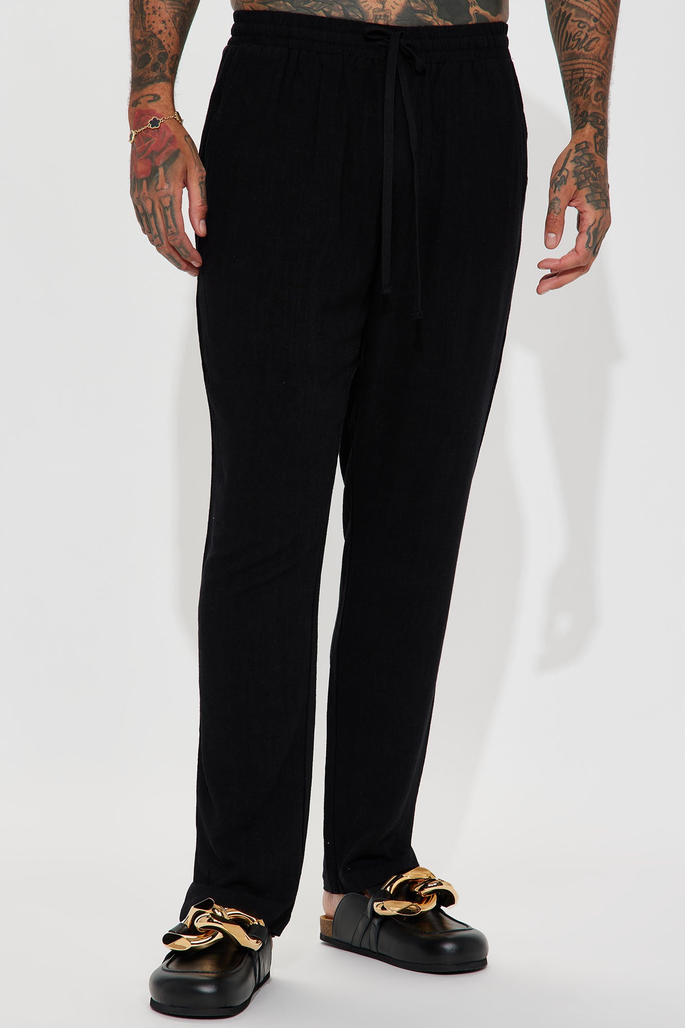 Solid Textured Linen Pull On Side Slit Pants- Black - Image 4