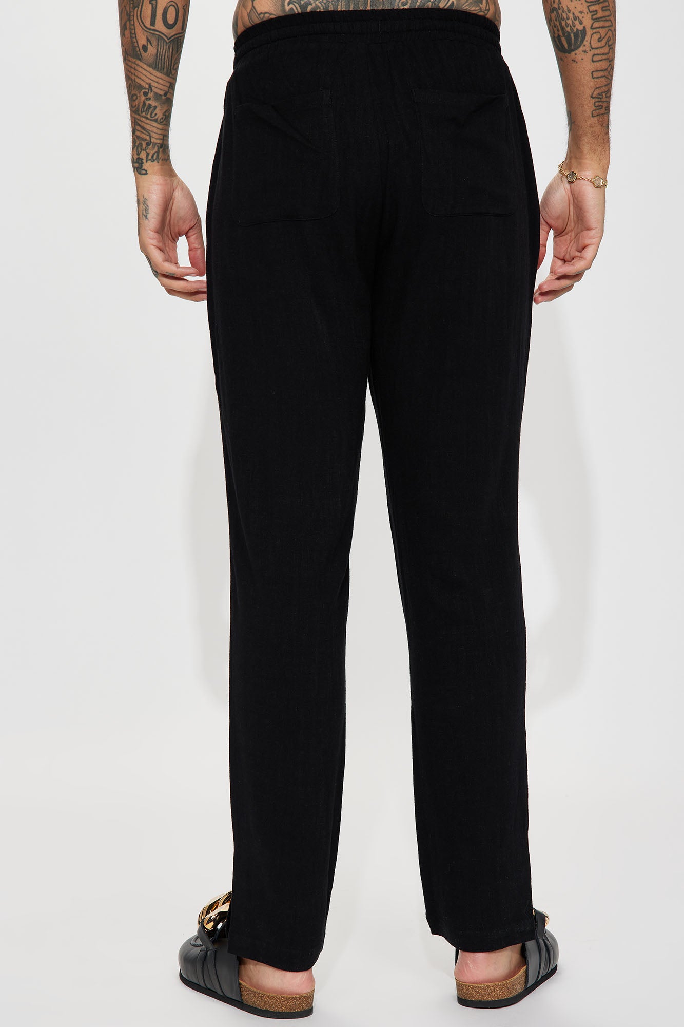 Solid Textured Linen Pull On Side Slit Pants- Black - Image 5