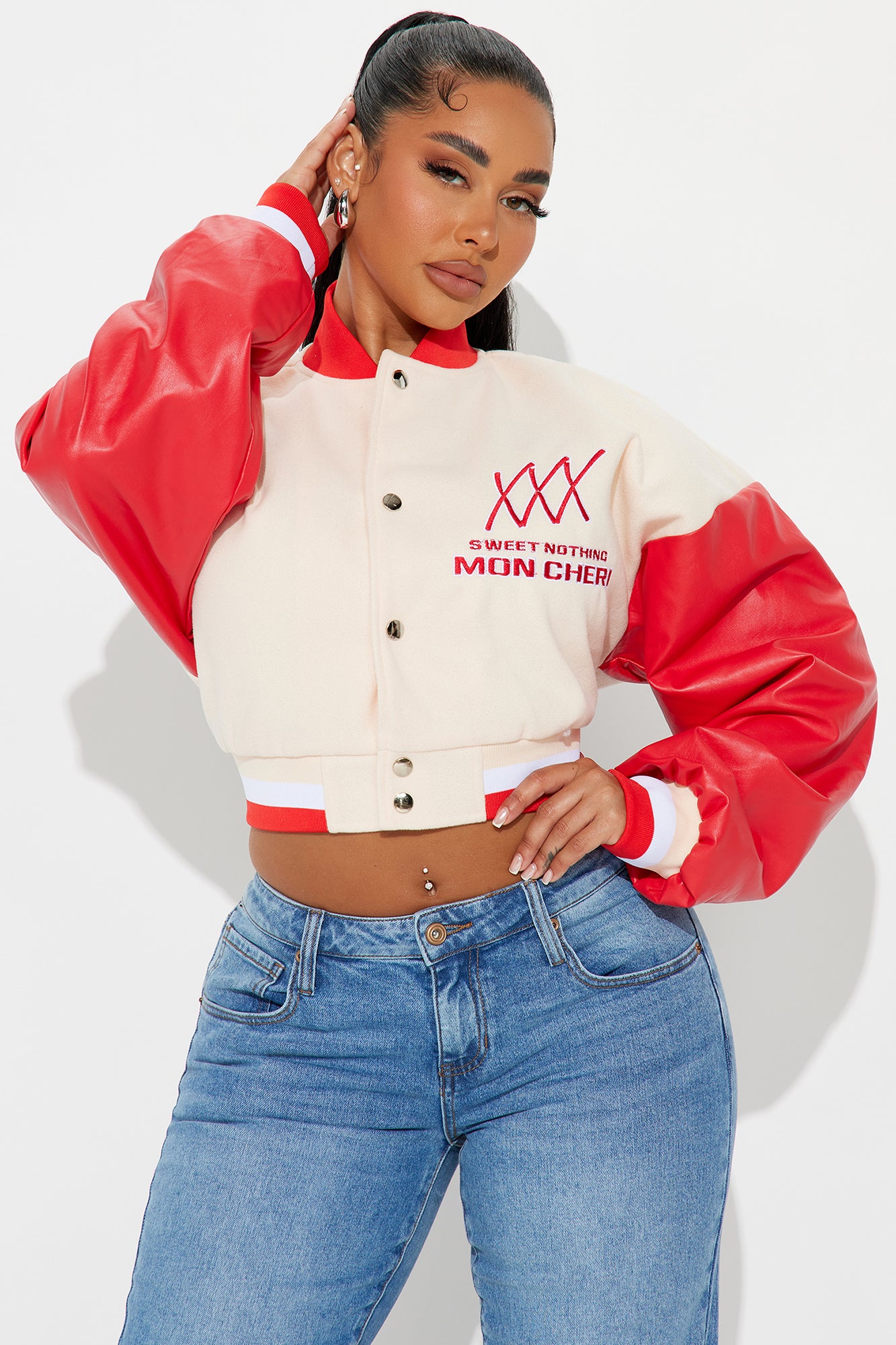 Mon Cheri Cropped Varsity Jacket - Taupe/combo - Image 4