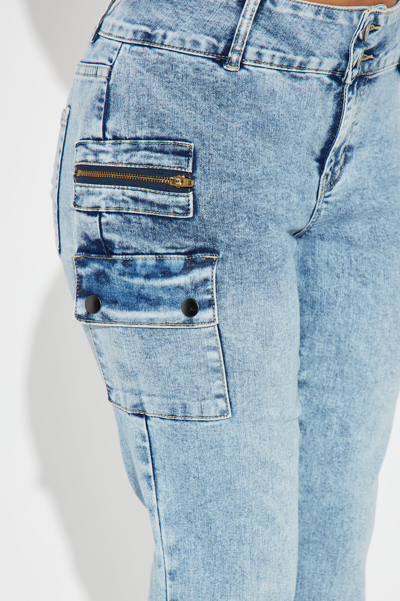 Don't Mind At All Stretch Moto Cargo Flare Jeans - Medium Wash - Image 3