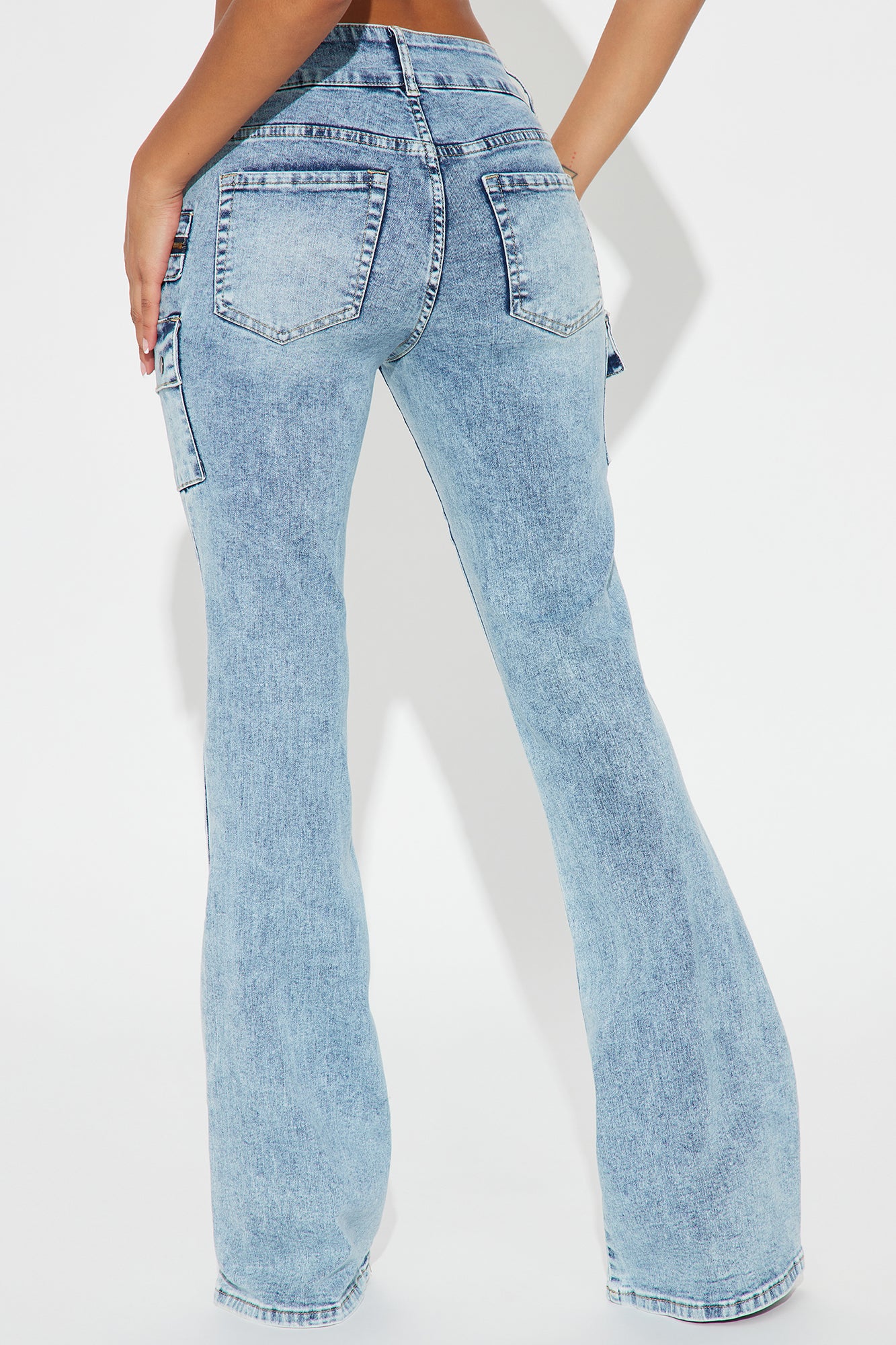 Don't Mind At All Stretch Moto Cargo Flare Jeans - Medium Wash - Image 4
