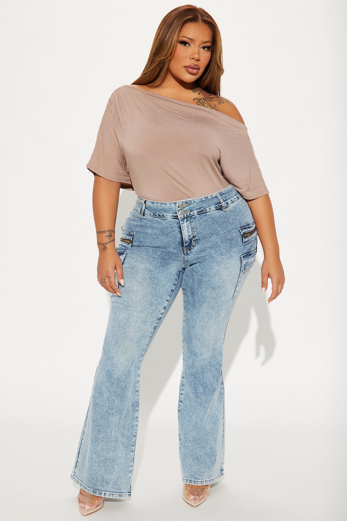 Don't Mind At All Stretch Moto Cargo Flare Jeans - Medium Wash - Image 5