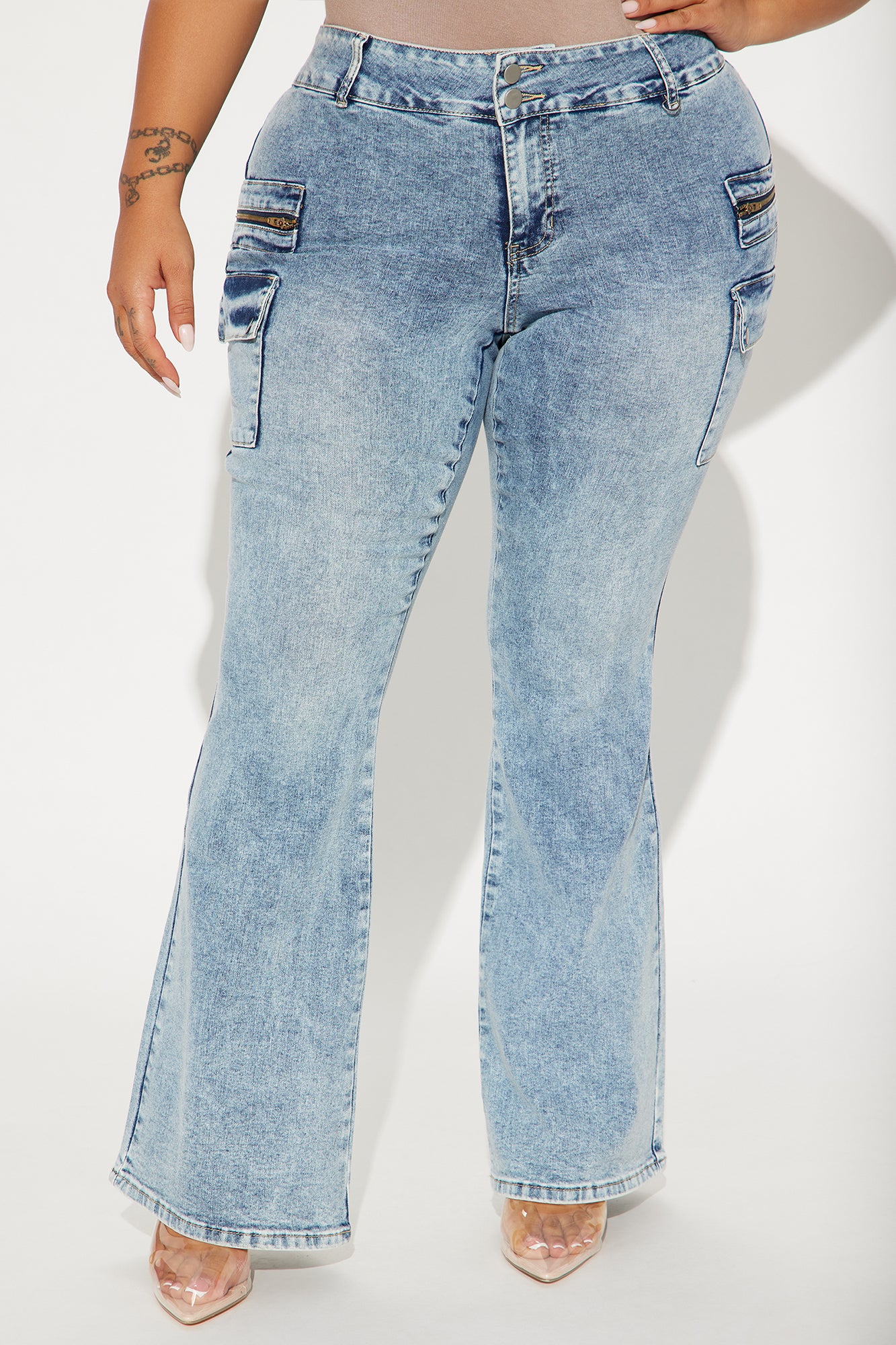 Don't Mind At All Stretch Moto Cargo Flare Jeans - Medium Wash - Image 6