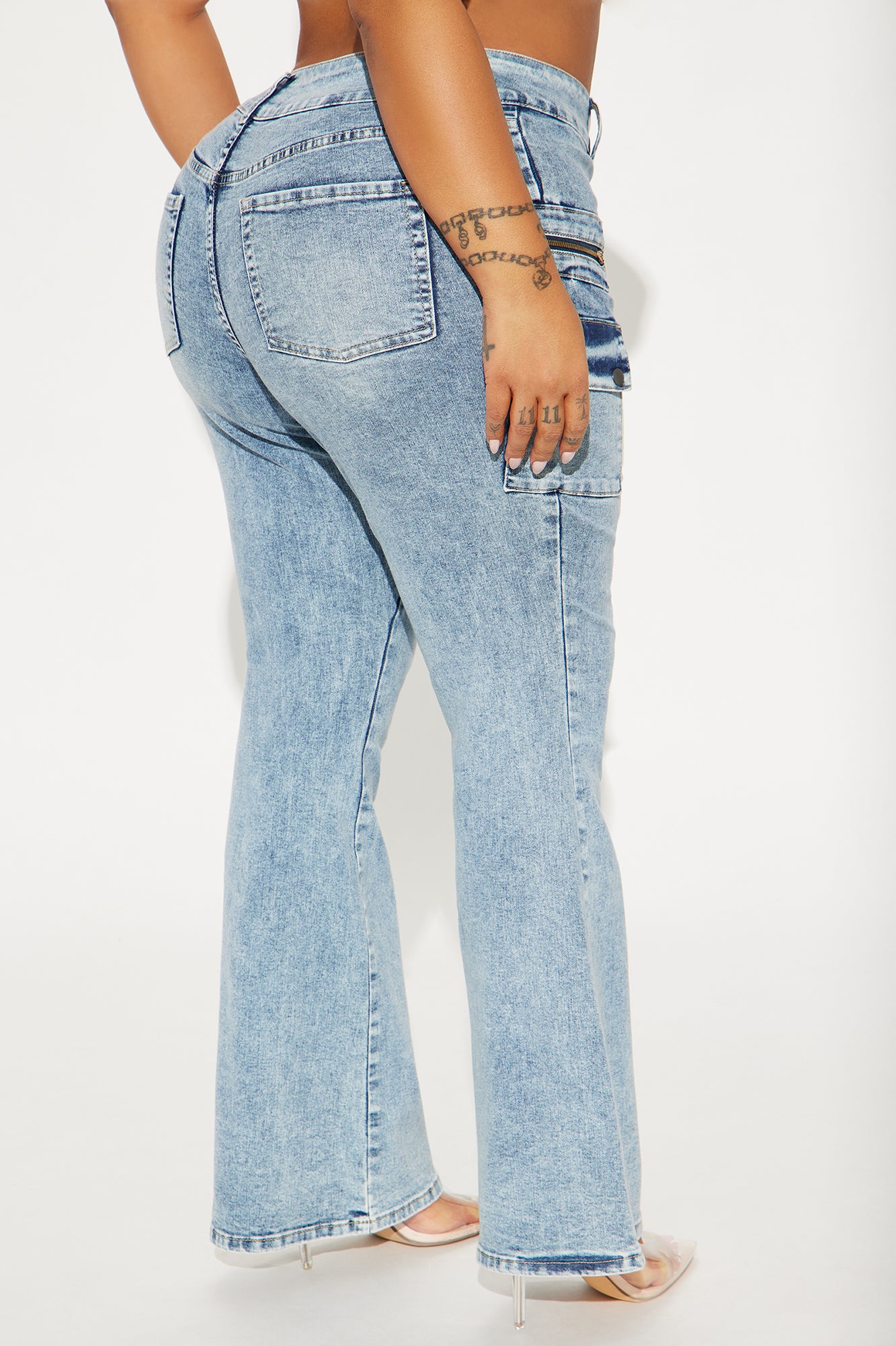 Don't Mind At All Stretch Moto Cargo Flare Jeans - Medium Wash - Image 7