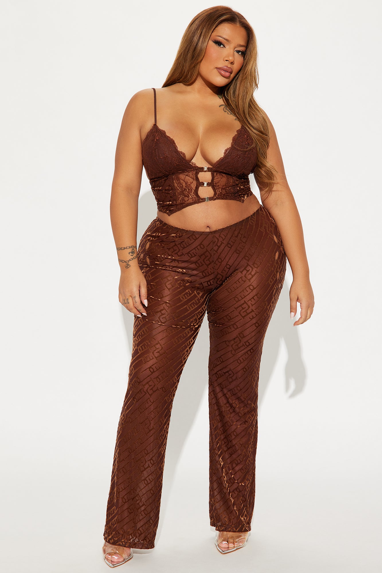 Kya Sheer Velvet Pant Set - Brown - Image 4