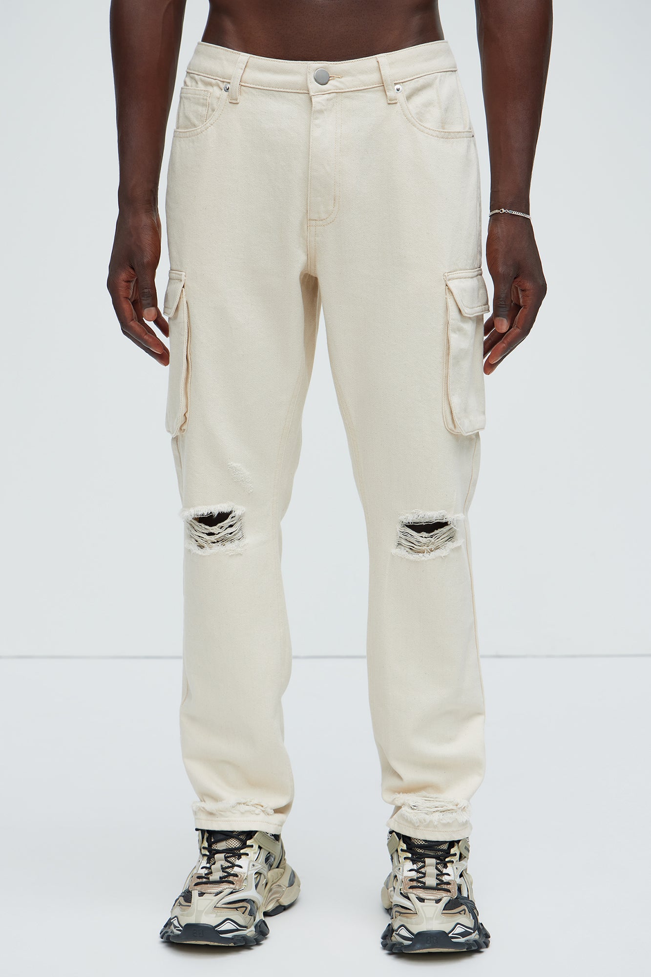 Benson Distressed Slim Cargo Pants - Cream - Image 4