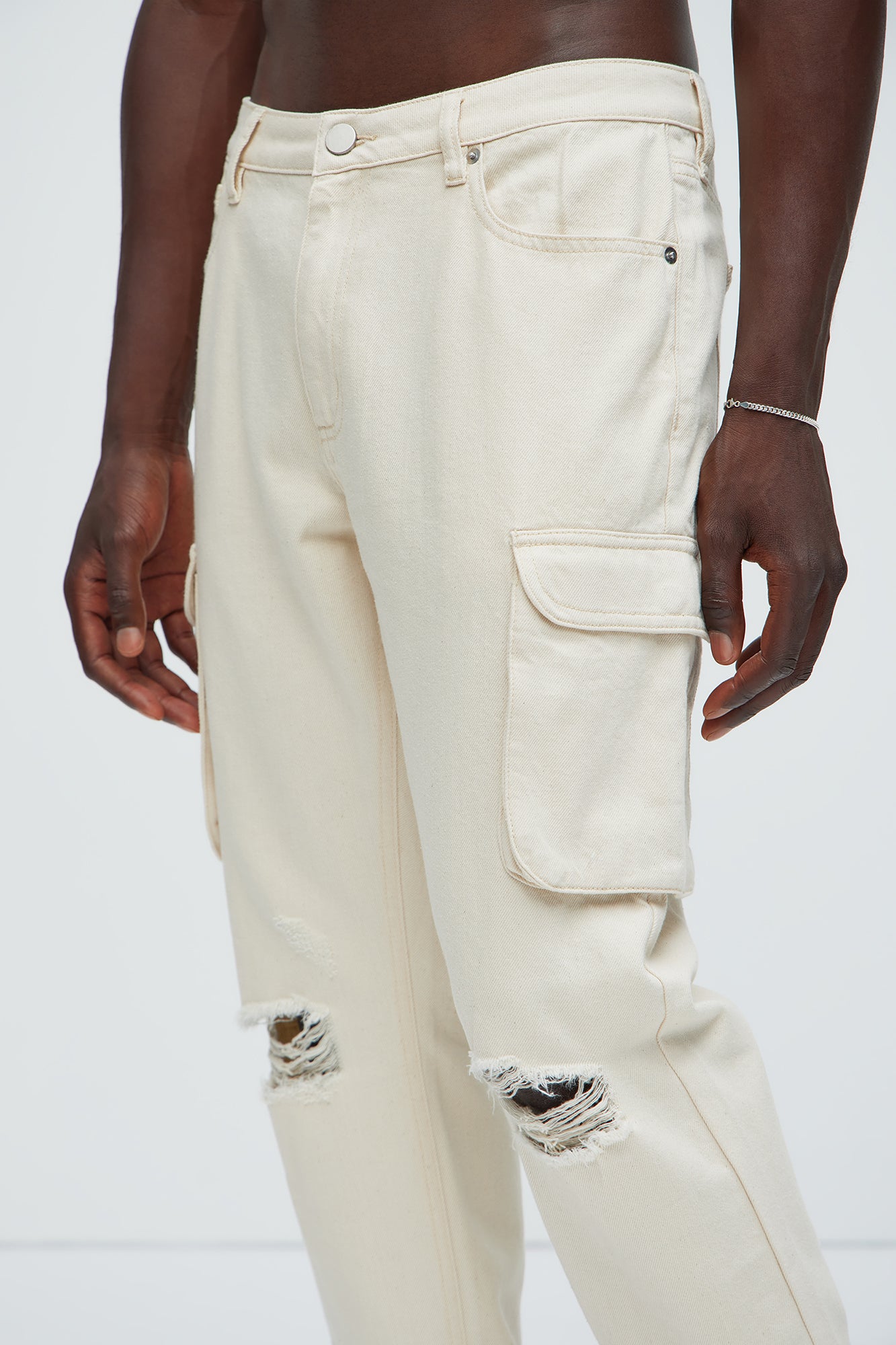 Benson Distressed Slim Cargo Pants - Cream - Image 3