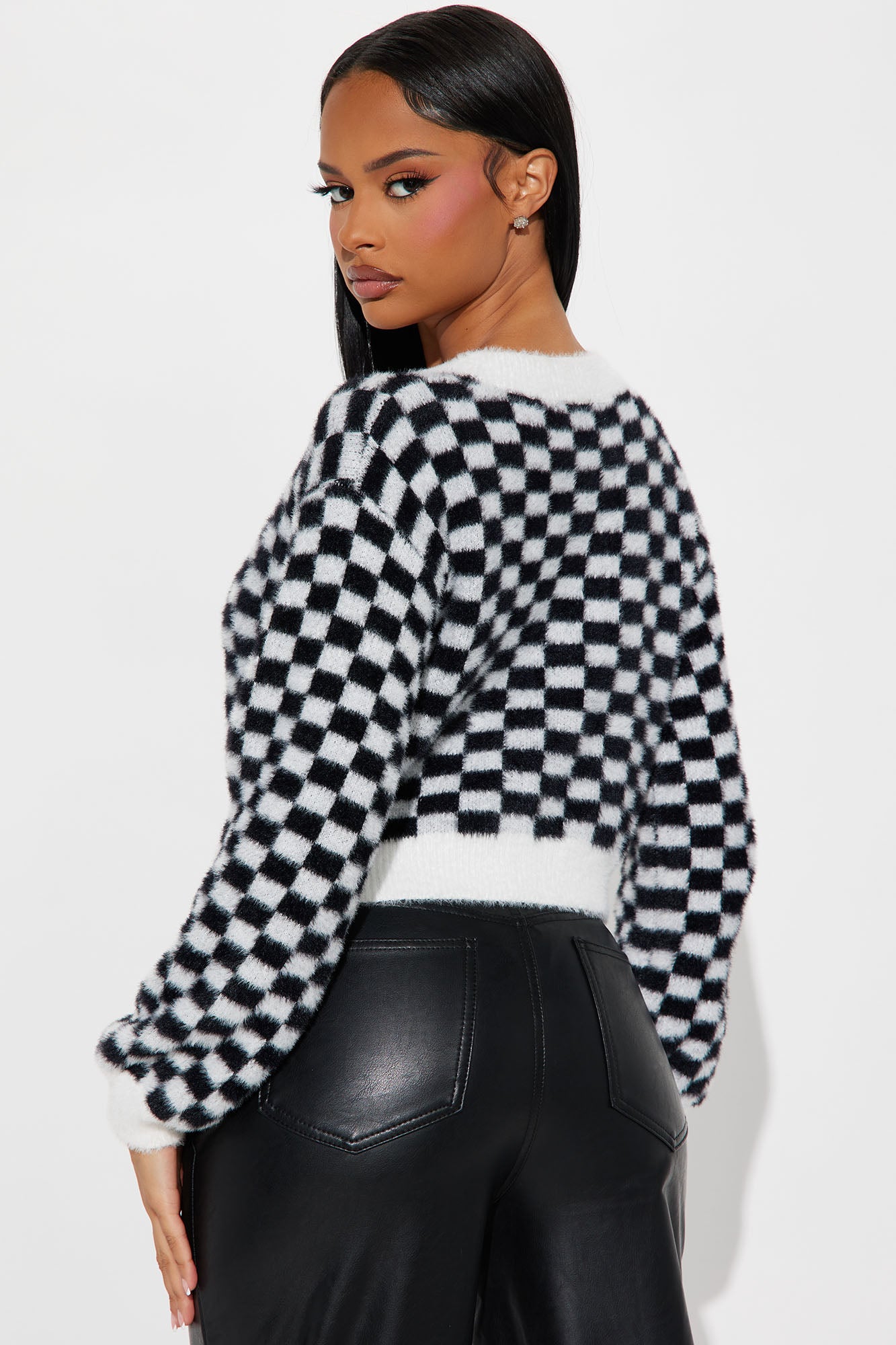 Nonsense Checkered Cropped Cardigan - Black/White - Image 3