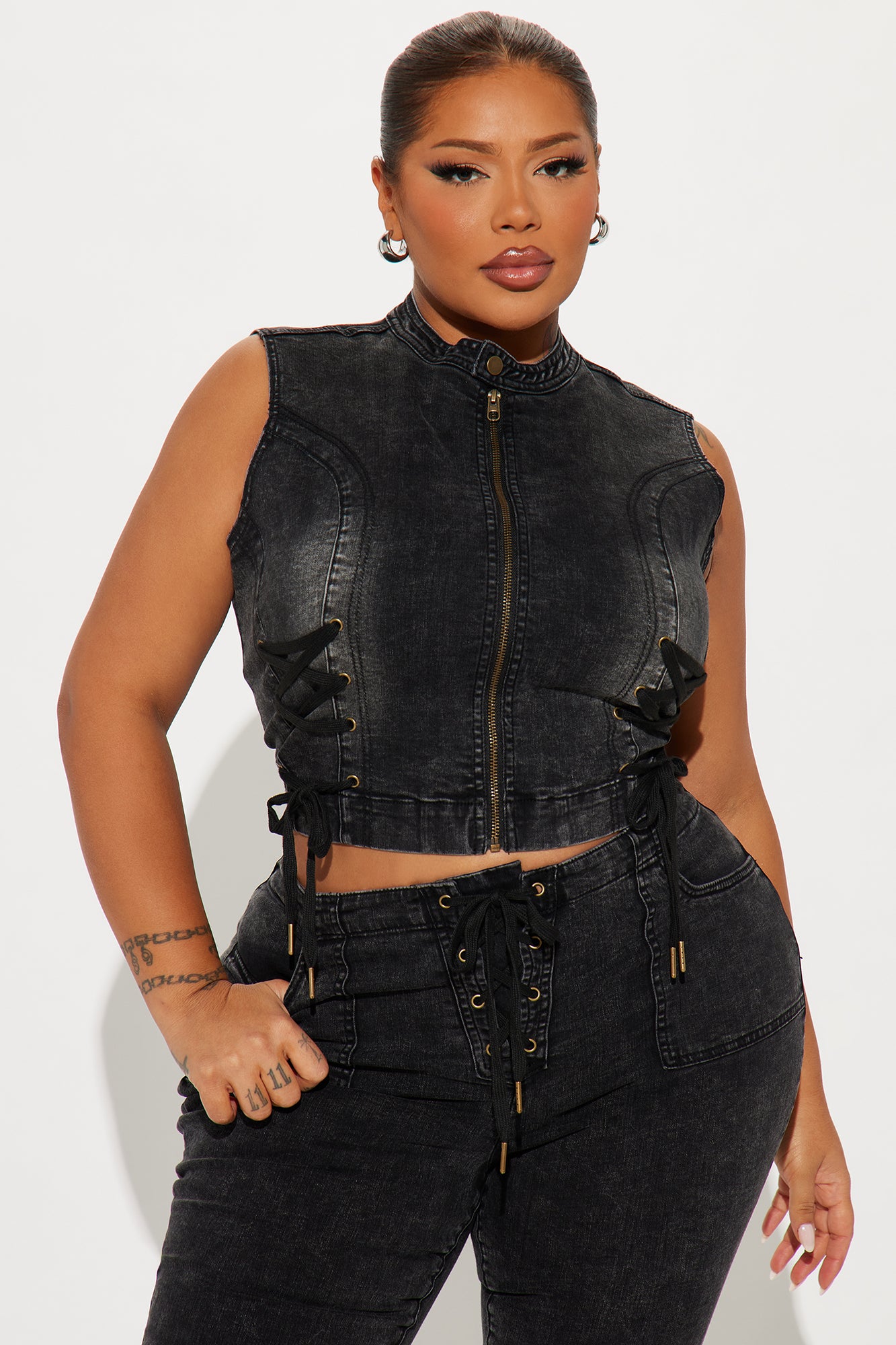 Leveled Up Lace Up Denim Vest - Black Wash - Image 8