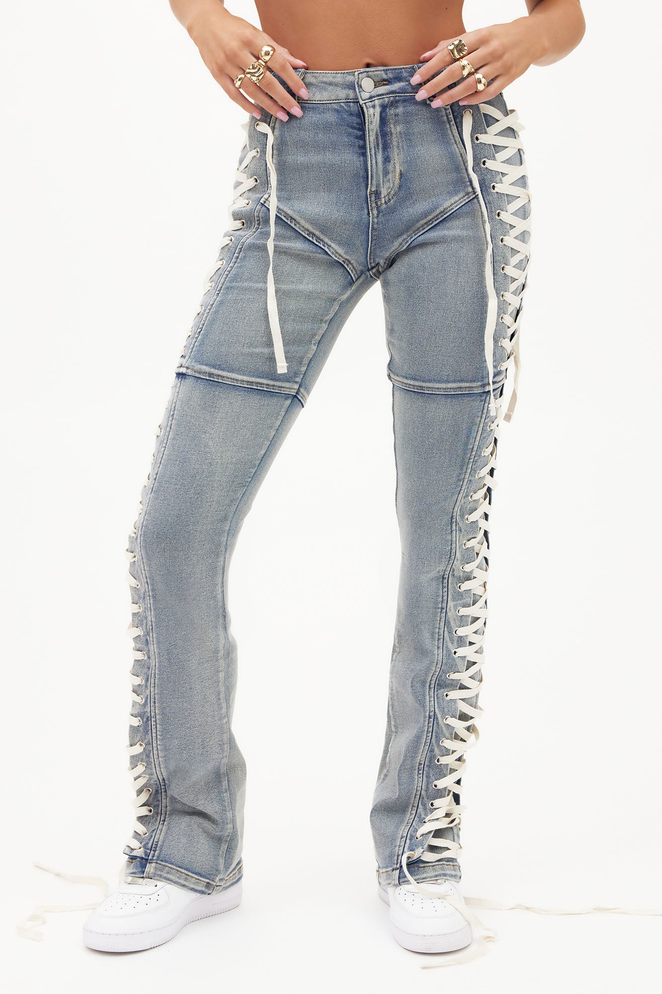 Jaw Dropper Stretch Lace Up Bootcut Jeans - Medium Wash - Image 3