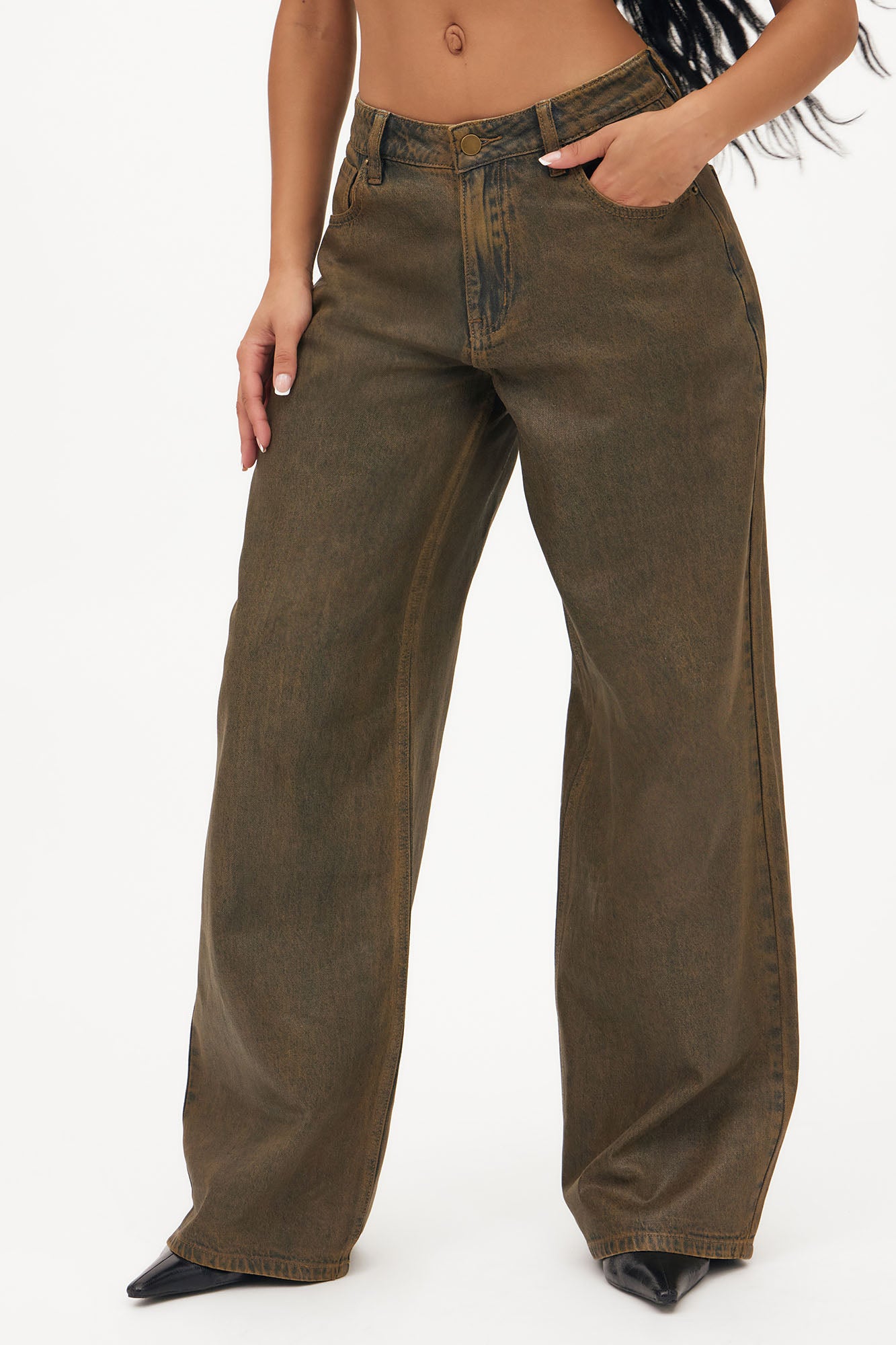 Play It Off Coated Wide Leg Jeans - Brown - Image 3