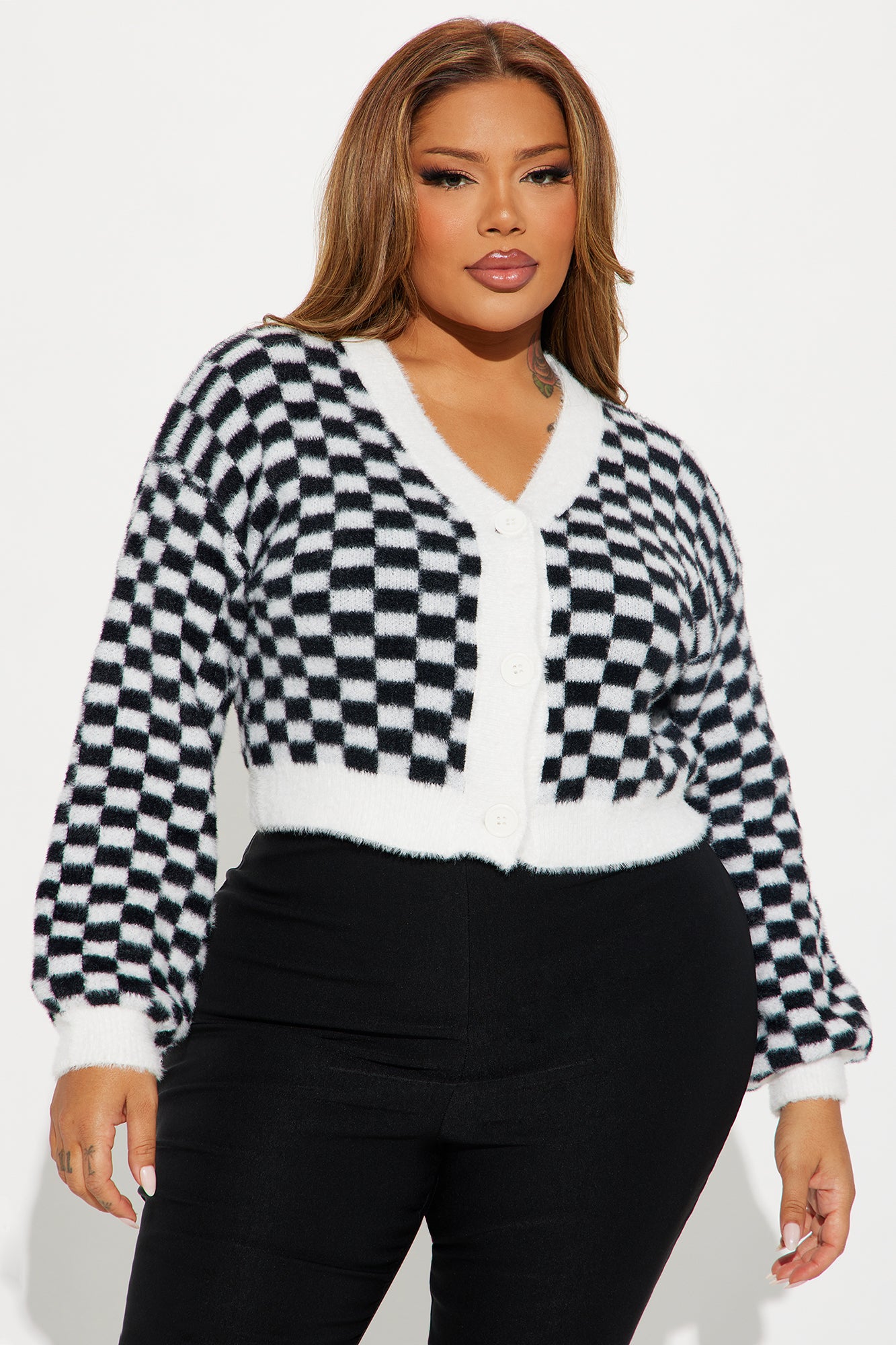 Nonsense Checkered Cropped Cardigan - Black/White - Image 4