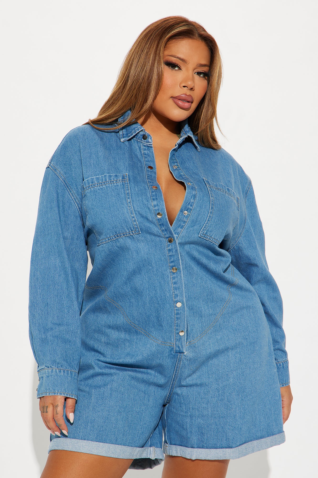 Hannah Denim Romper - Medium Wash - Image 5