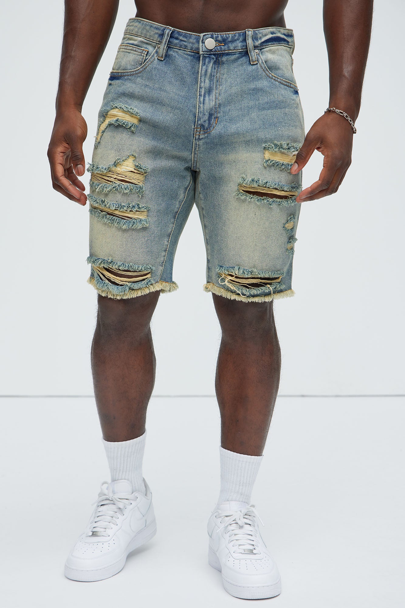 Back To It Distressed Raw Hem Slim Denim Shorts - Vintage Wash - Image 4