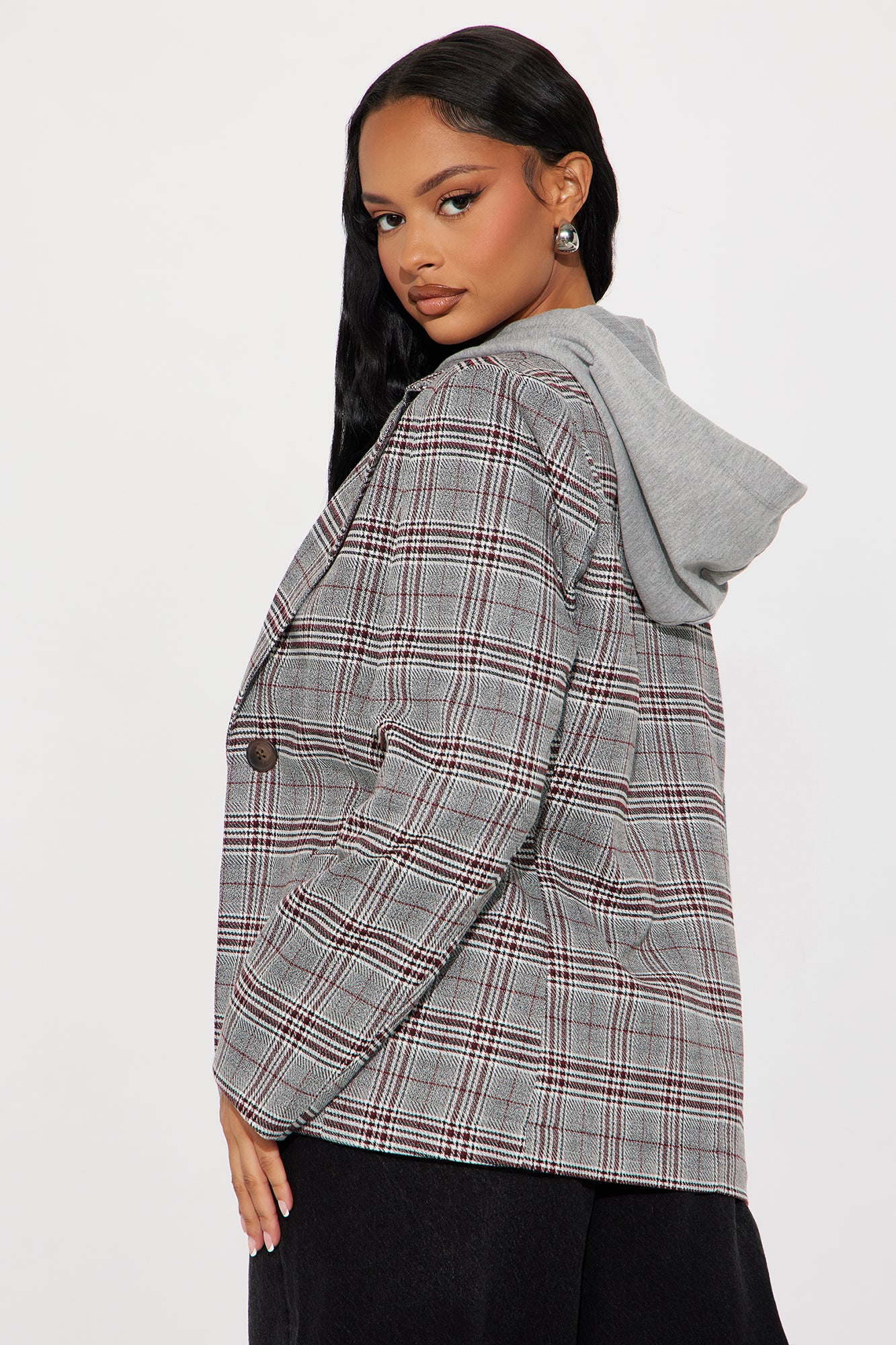 Street Smart Hooded Plaid Blazer - Grey/combo - Image 3