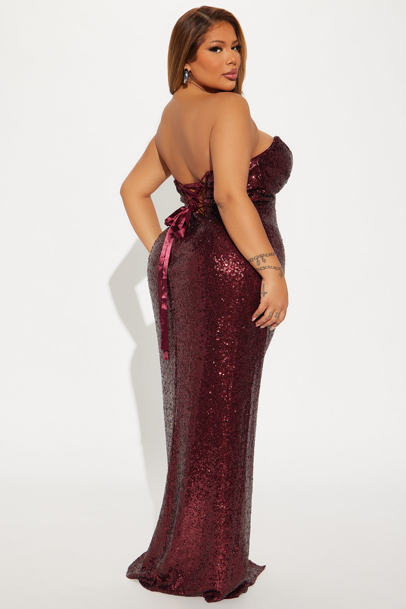 Sydney Lace Up Sequin Gown - Wine - Image 6