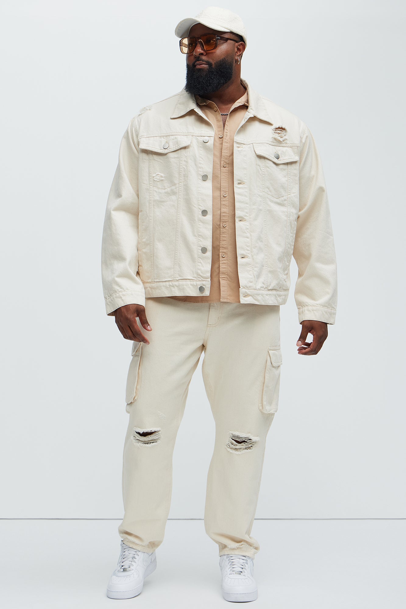Benson Distressed Slim Cargo Pants - Cream - Image 7