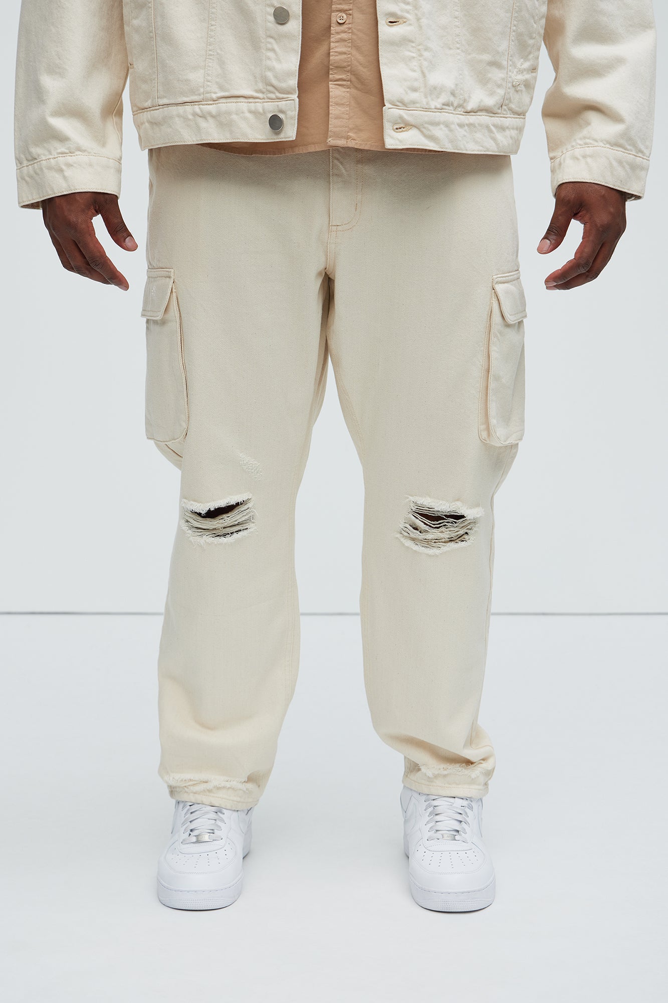 Benson Distressed Slim Cargo Pants - Cream - Image 6