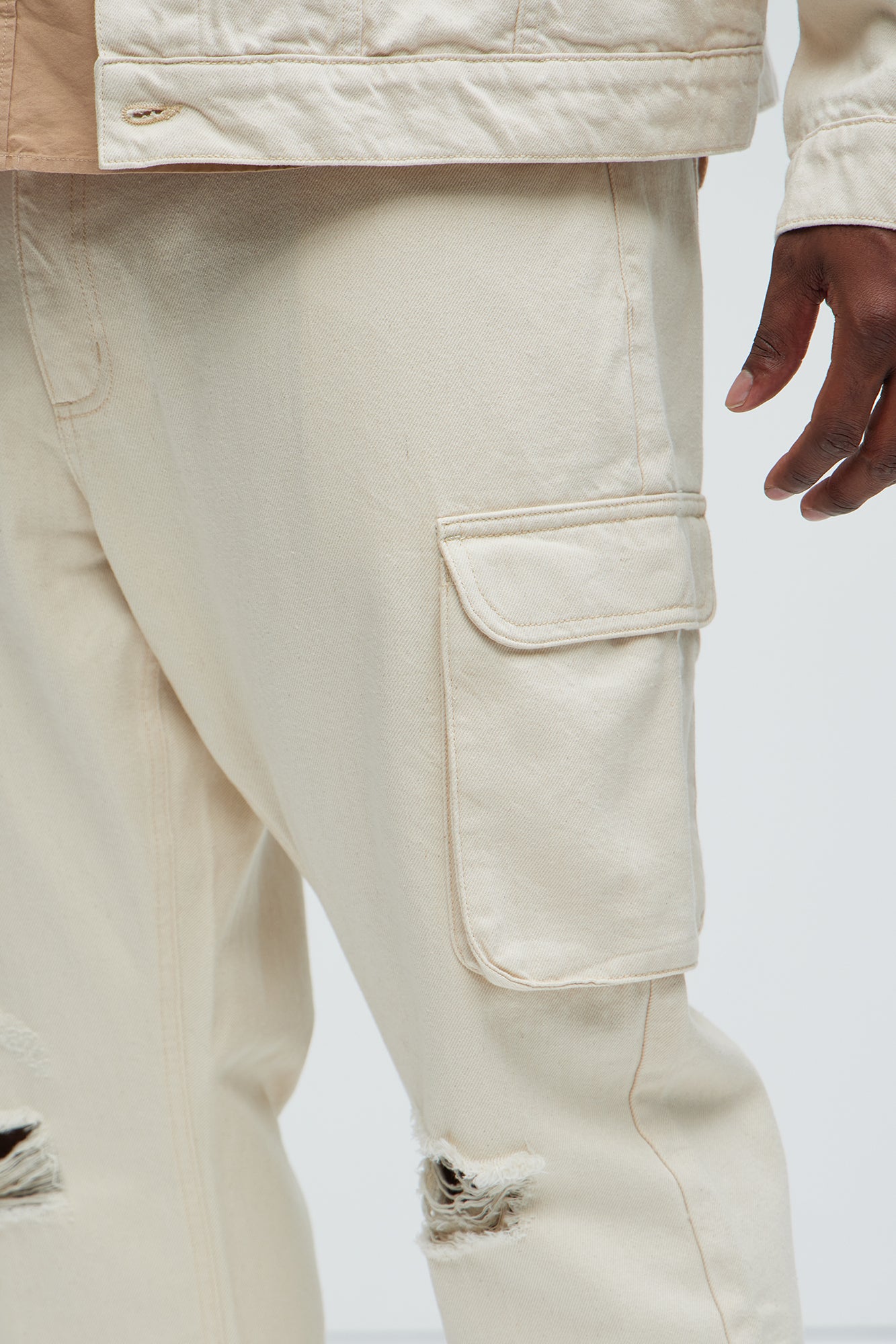 Benson Distressed Slim Cargo Pants - Cream - Image 8