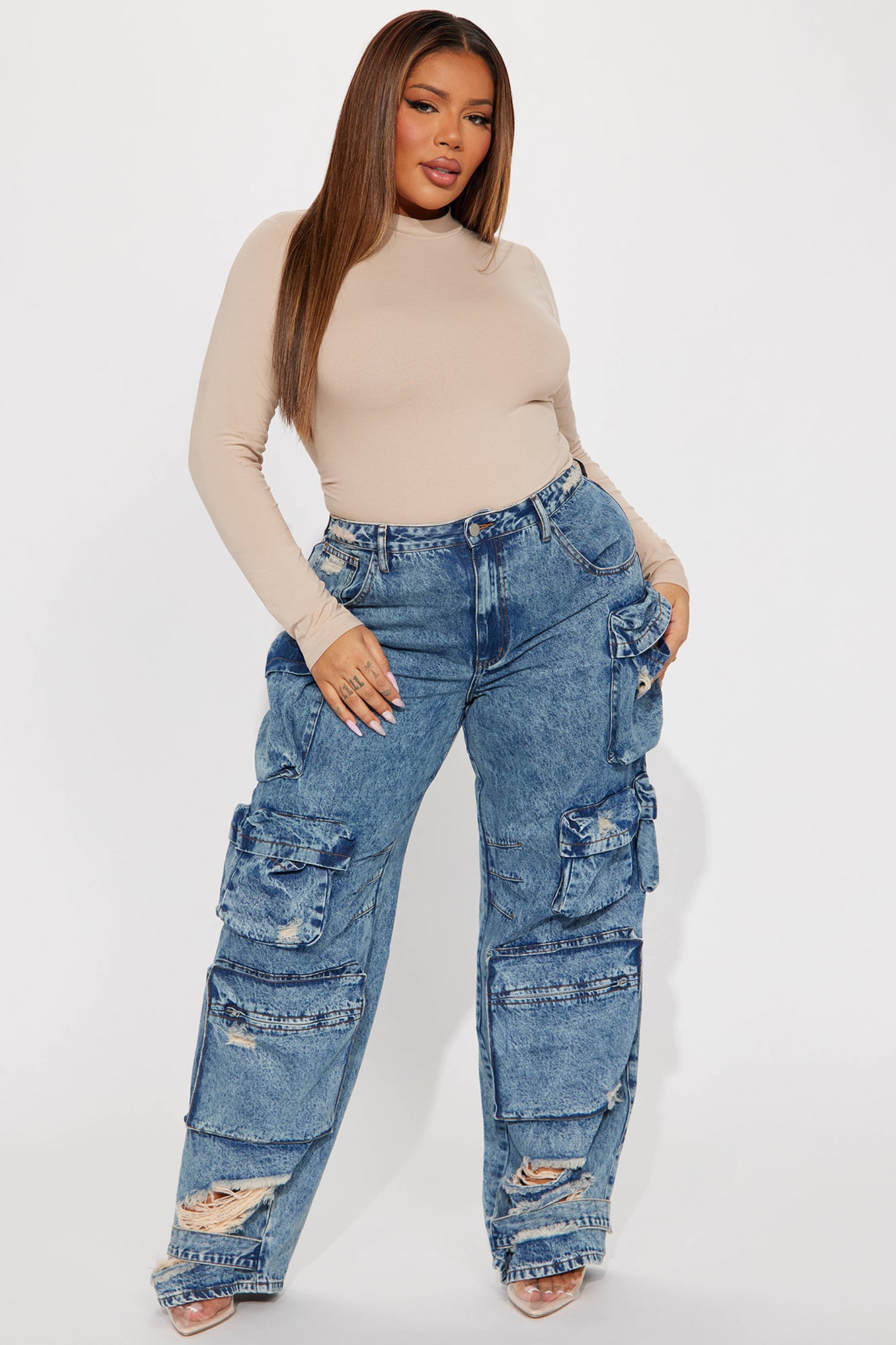 Nikki Non Stretch Acid Wash Cargo Jeans - Medium Wash - Image 7