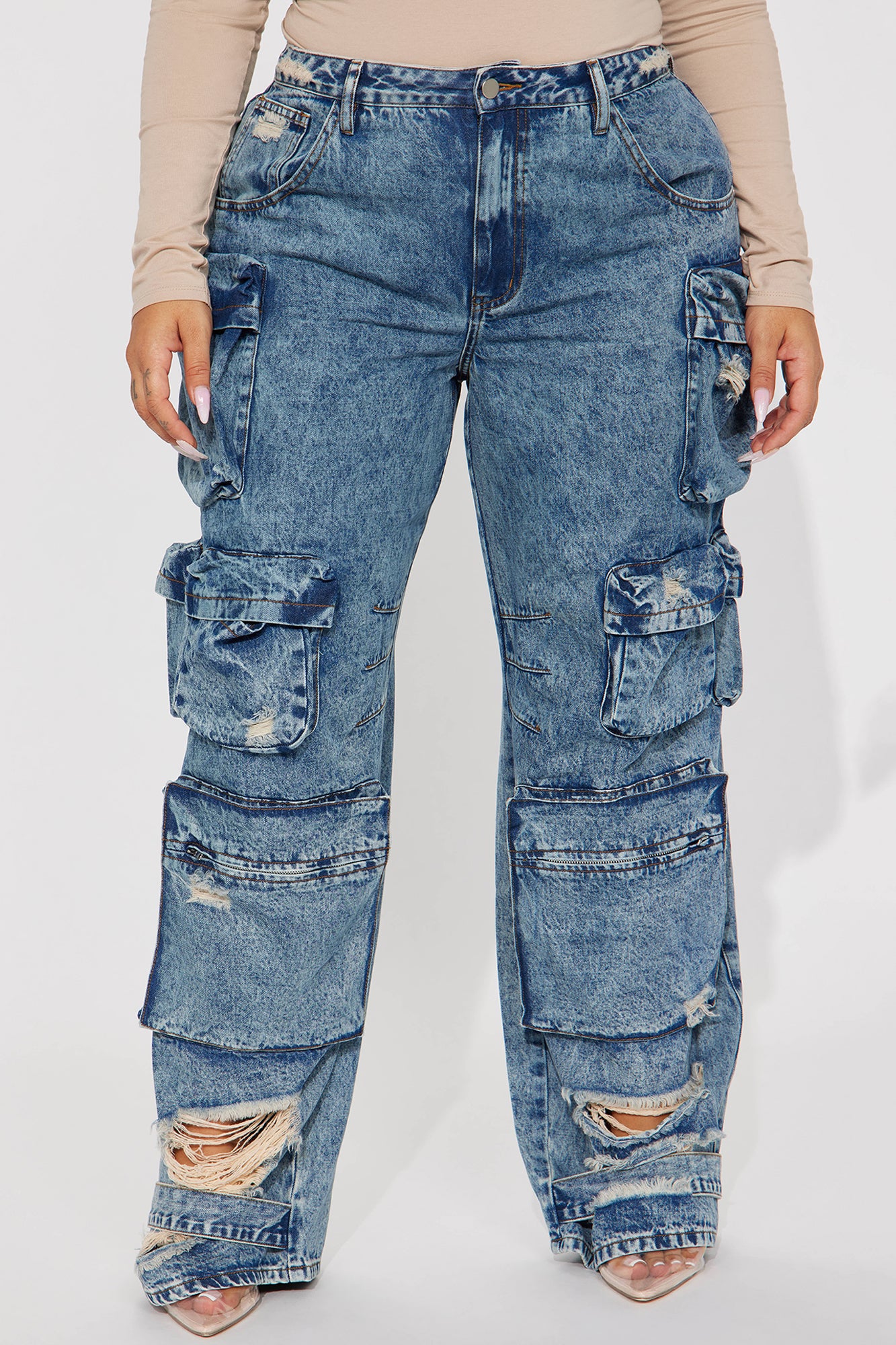 Nikki Non Stretch Acid Wash Cargo Jeans - Medium Wash - Image 8