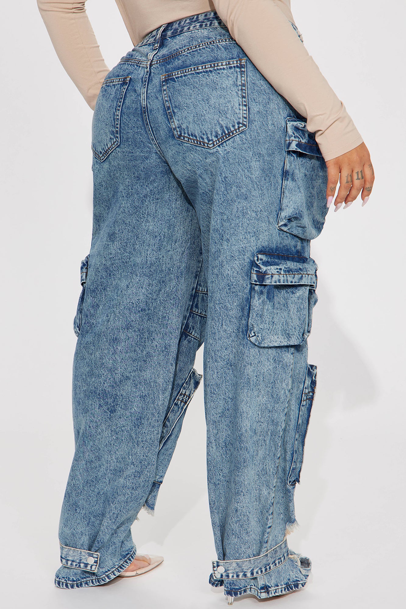 Nikki Non Stretch Acid Wash Cargo Jeans - Medium Wash - Image 9