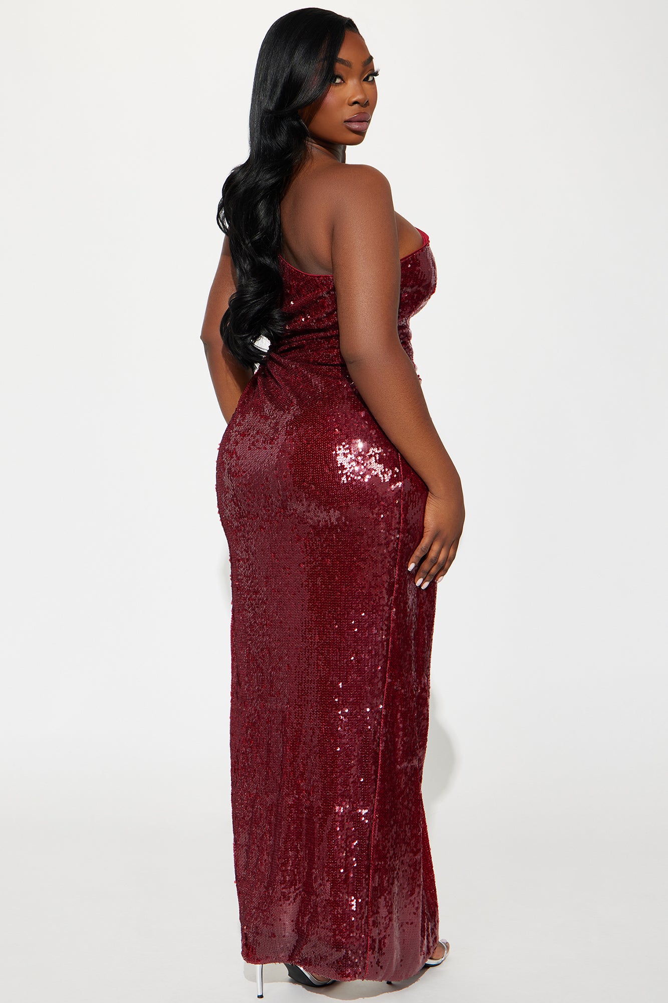 Mia High Slit Sequin Gown - Wine - Image 6