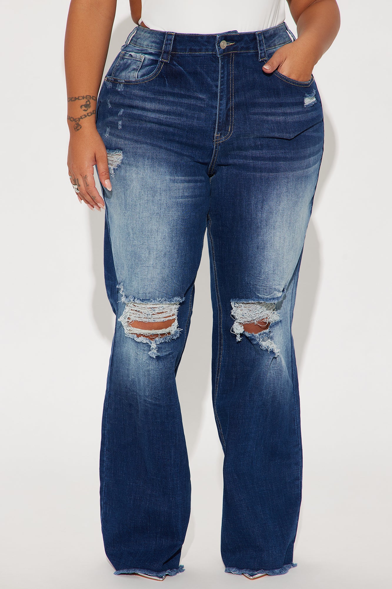 Coldwater Canyon Stretch Ripped Wide Leg Jeans - Dark Wash - Image 5