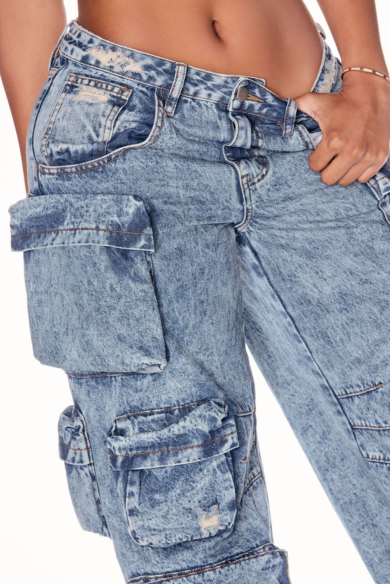 Nikki Non Stretch Acid Wash Cargo Jeans - Medium Wash - Image 3