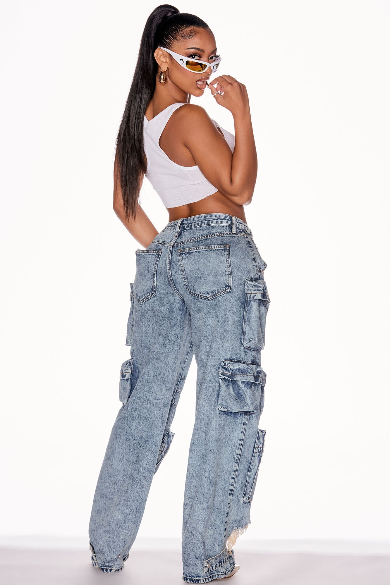 Nikki Non Stretch Acid Wash Cargo Jeans - Medium Wash - Image 4